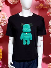 Black T-Shirt with a Teal Teddy Bear Applique