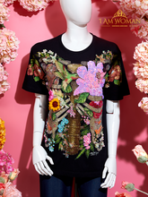 Black, Embroidered Floral and Hummingbird Shirt