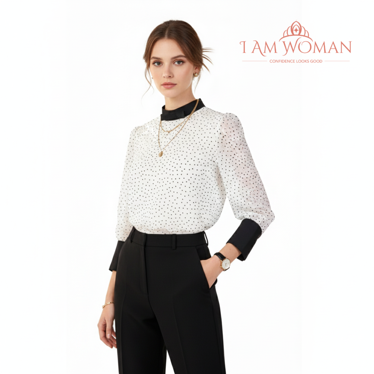 I Am Woman White Blouse with Black Collar and Polka Dots