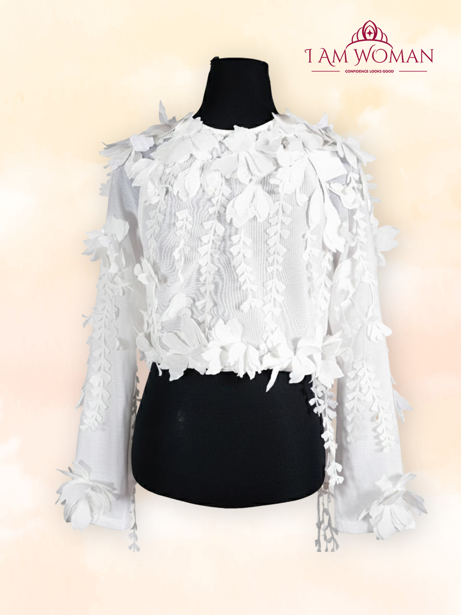 White, Floral Appliqué, Long-Sleeve Top.