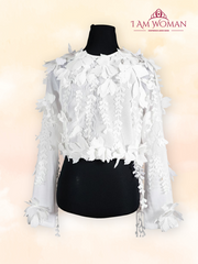 White, Floral Appliqué, Long-Sleeve Top.
