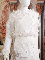 White, Floral Appliqué, Long-Sleeve Top.