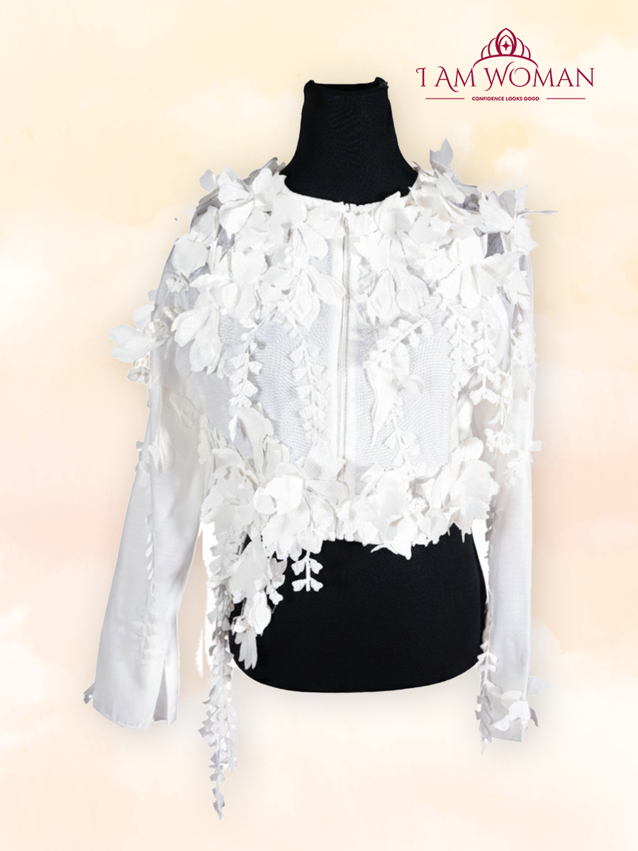 White, Floral Appliqué, Long-Sleeve Top.