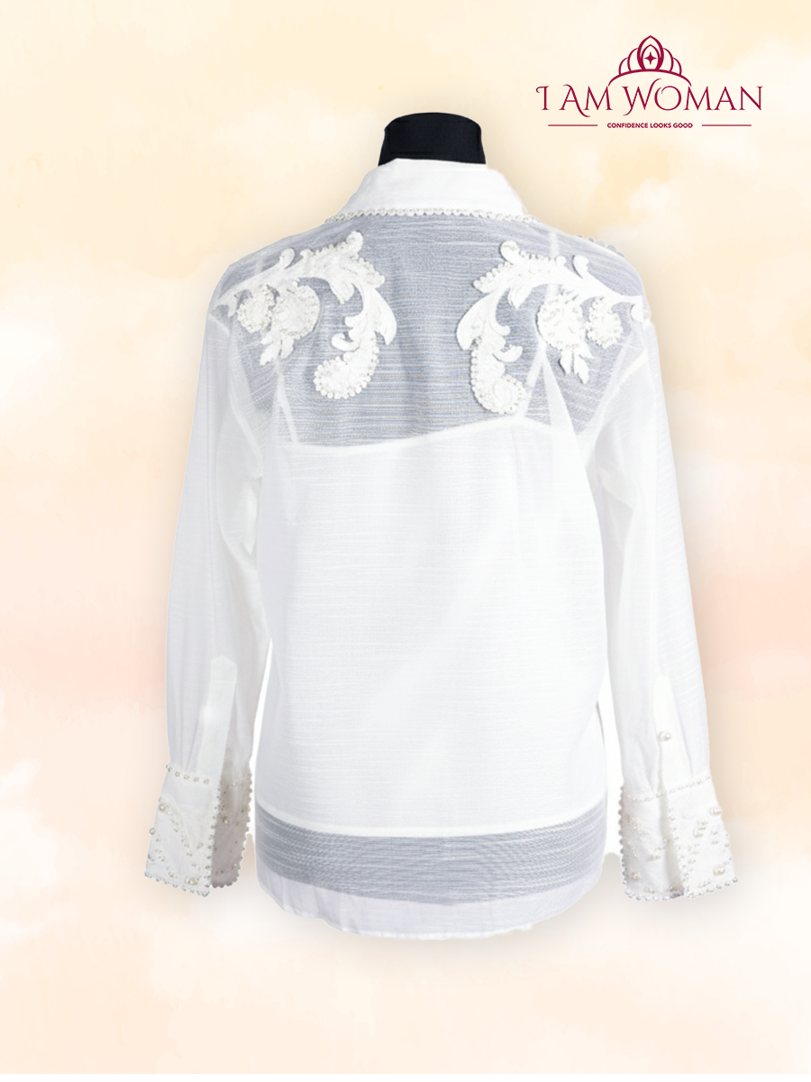White, Pearl-Embellished, Sheer Blouse.