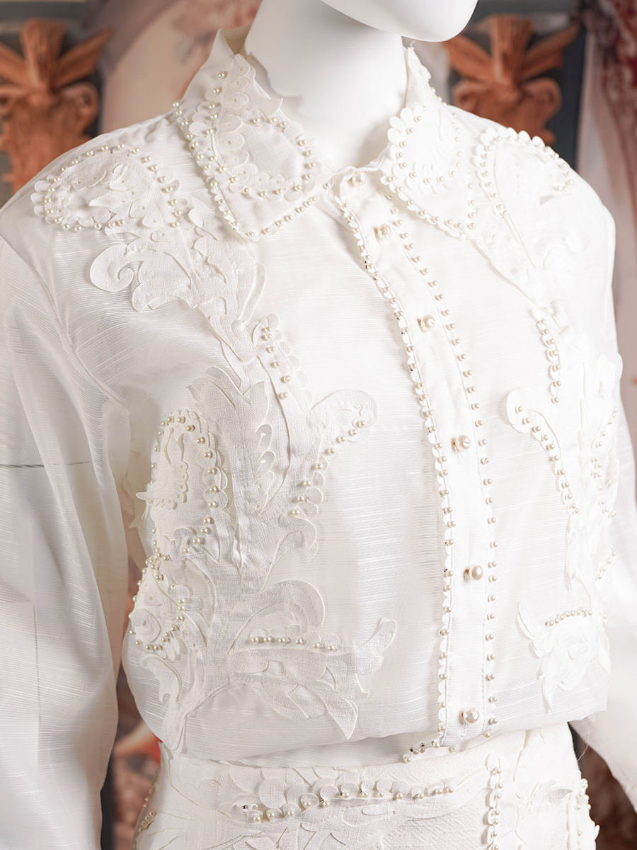 White, Pearl-Embellished, Sheer Blouse.