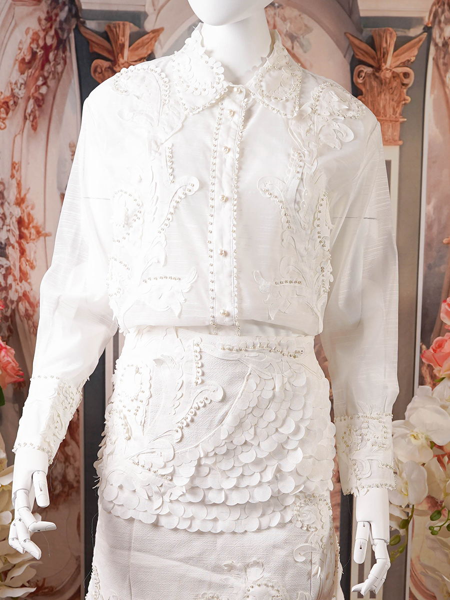 White, Pearl-Embellished, Sheer Blouse.