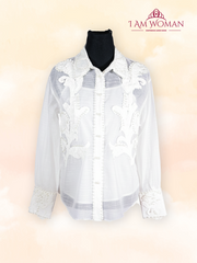 White, Pearl-Embellished, Sheer Blouse.