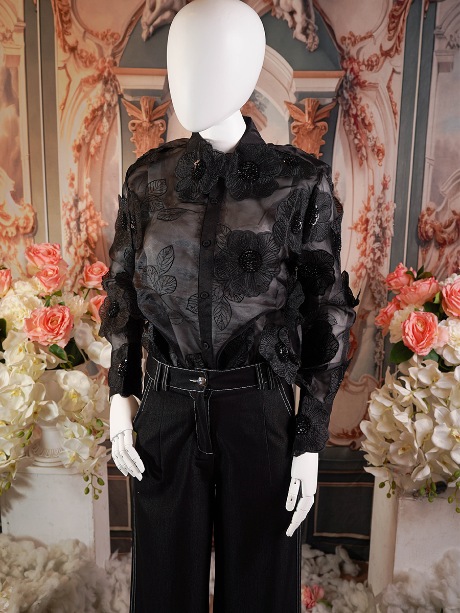 Black, Beaded Floral Ornament Top.