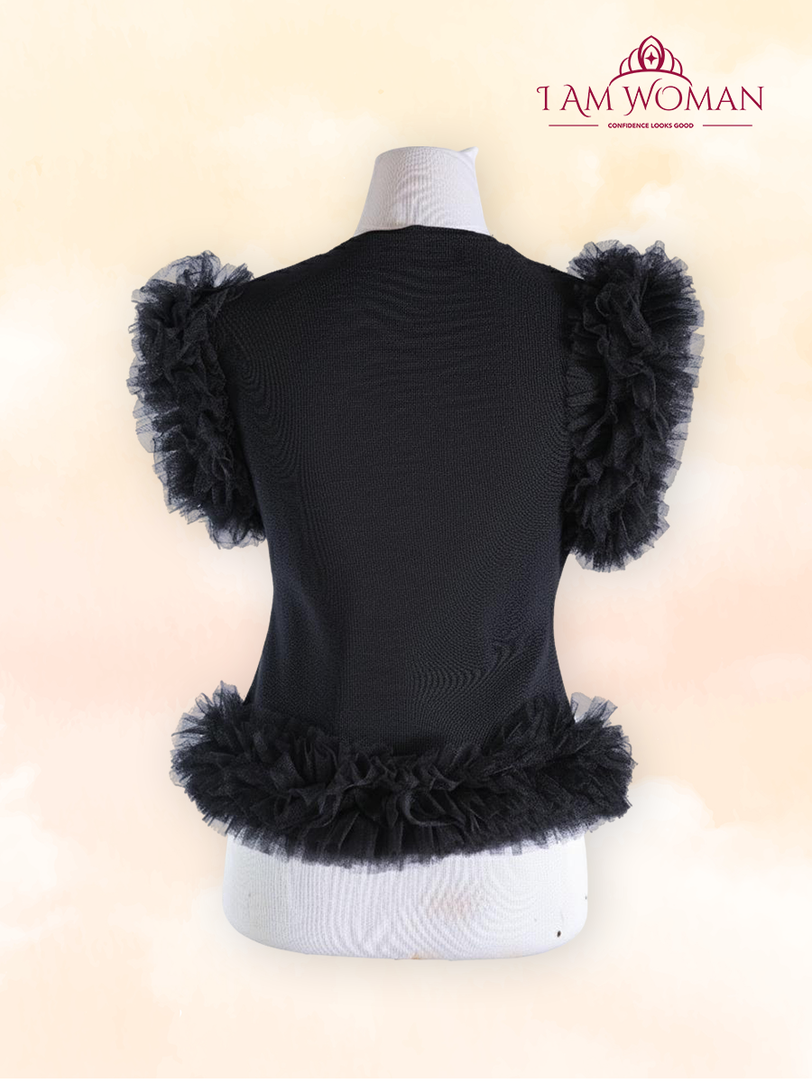 Black, Button-Down, Short-Sleeve Top with Ruffles.