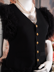 Black, Button-Down, Short-Sleeve Top with Ruffles.