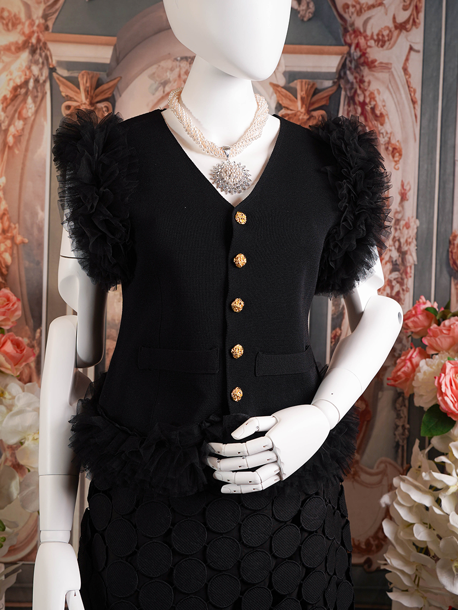 Black, Button-Down, Short-Sleeve Top with Ruffles.