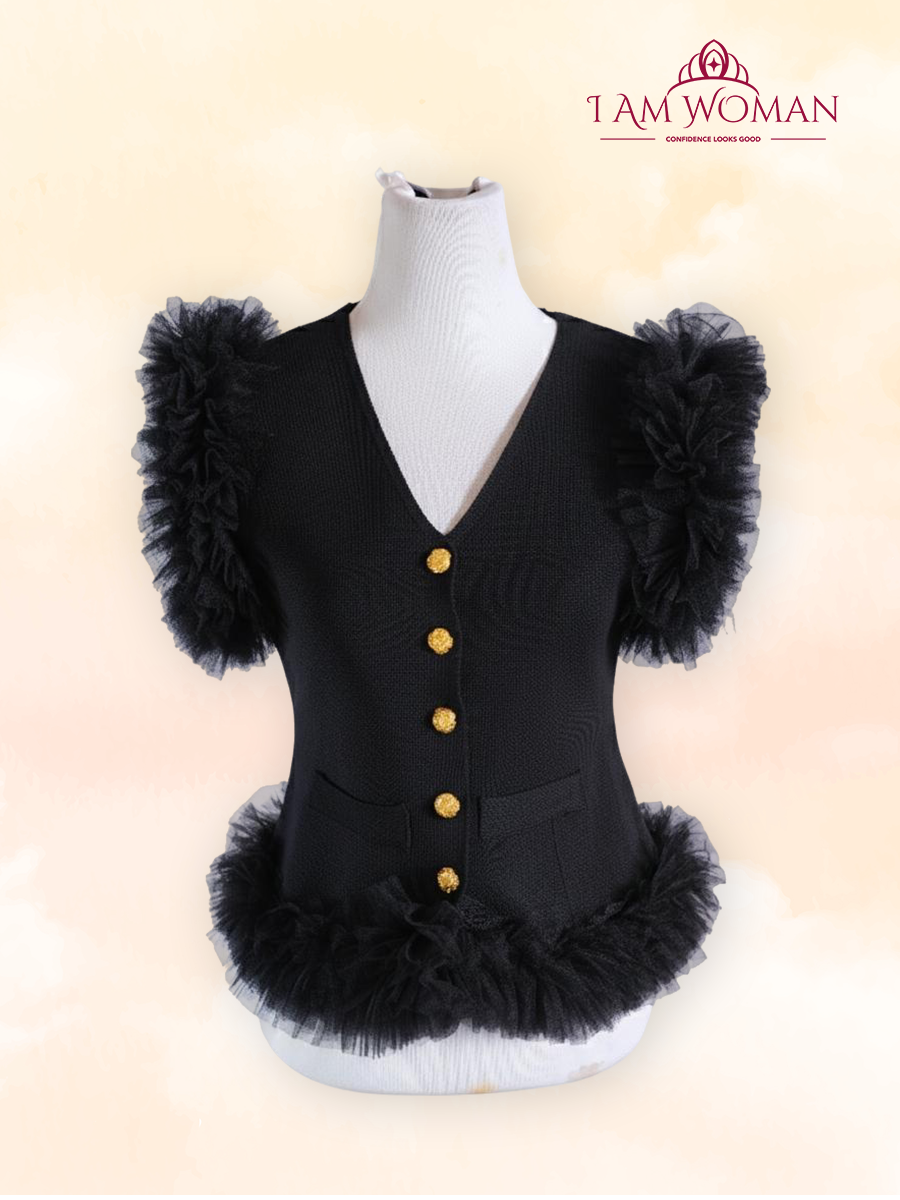 Black, Button-Down, Short-Sleeve Top with Ruffles.