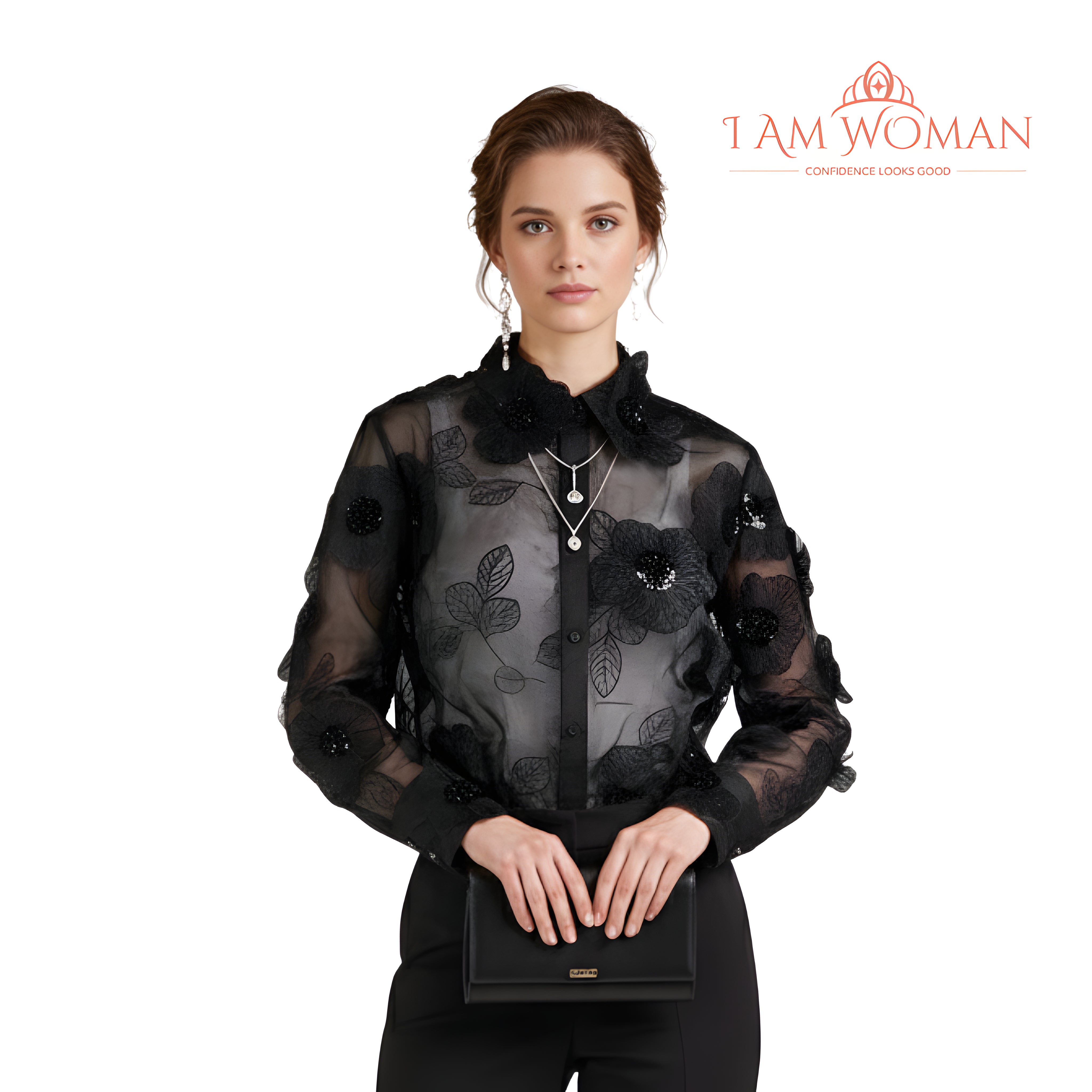 I Am Woman Black, Beaded Floral Ornament Top