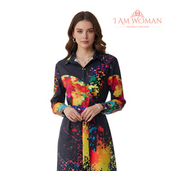 I Am Woman Black, Rainbow Splatter Paint, Butterfly Print Shirt