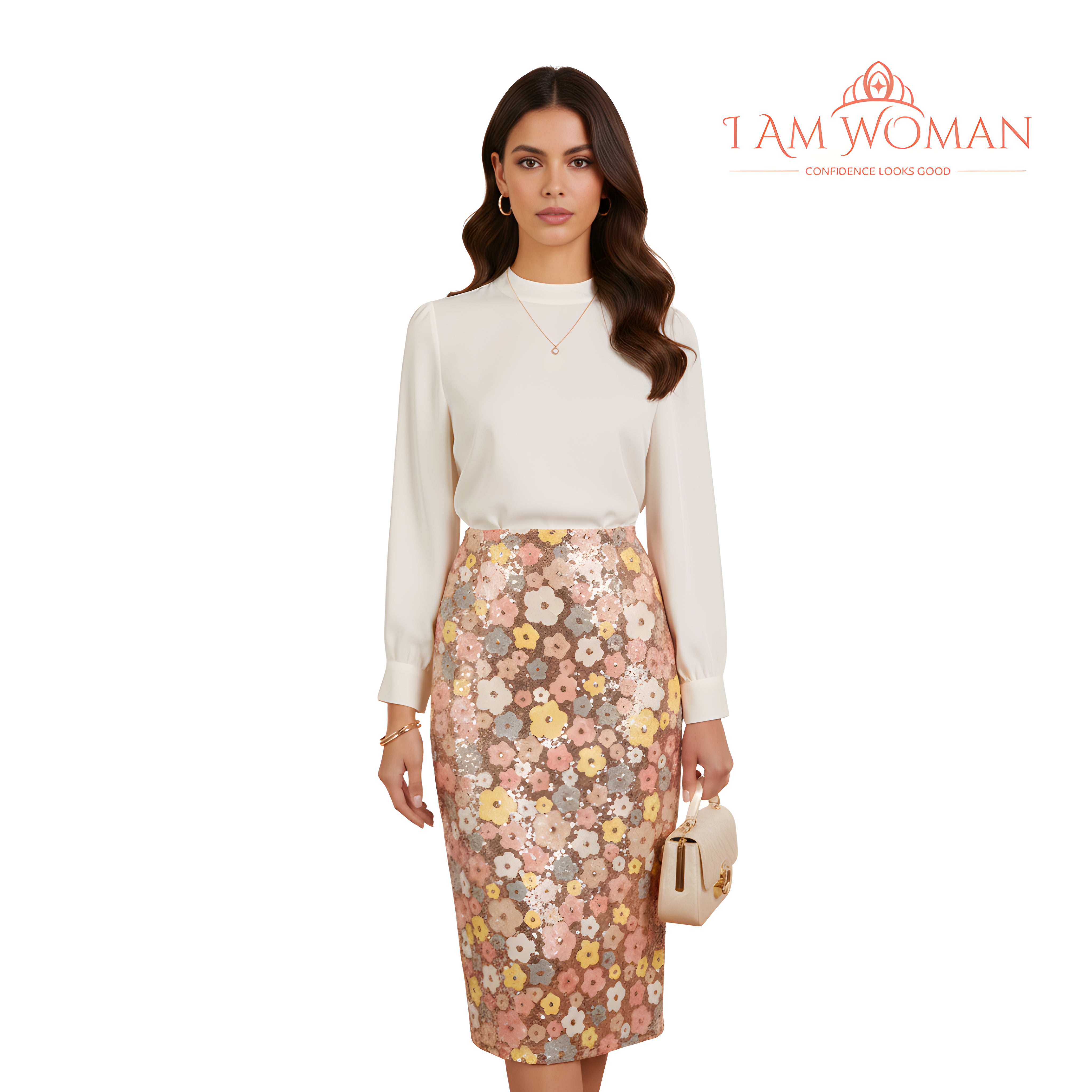 I Am Woman Multicolor Sequin Floral Pattern Pencil Skirt