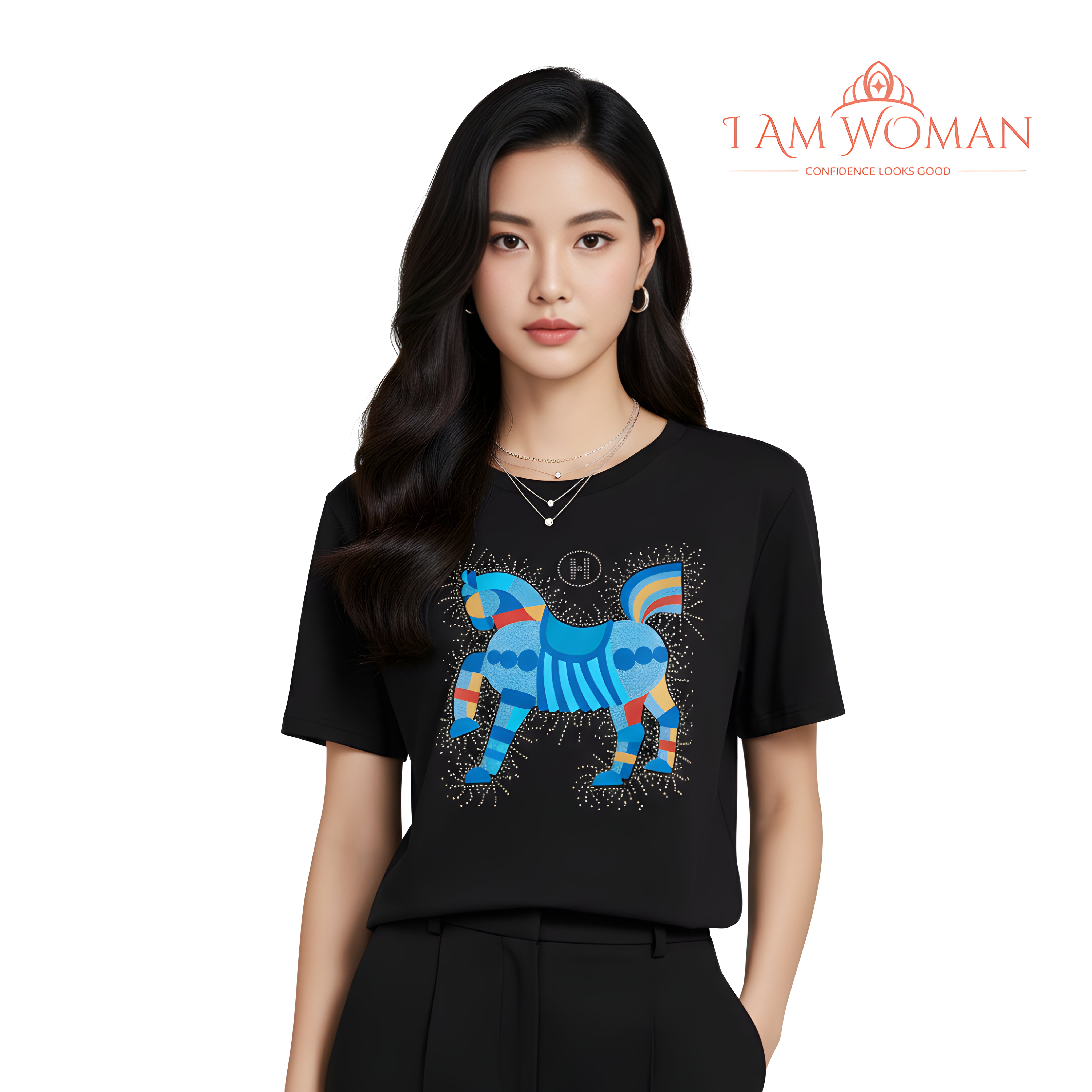 I Am Woman Black T-Shirt with a Rhinestone-Studded Colorful Horse Design