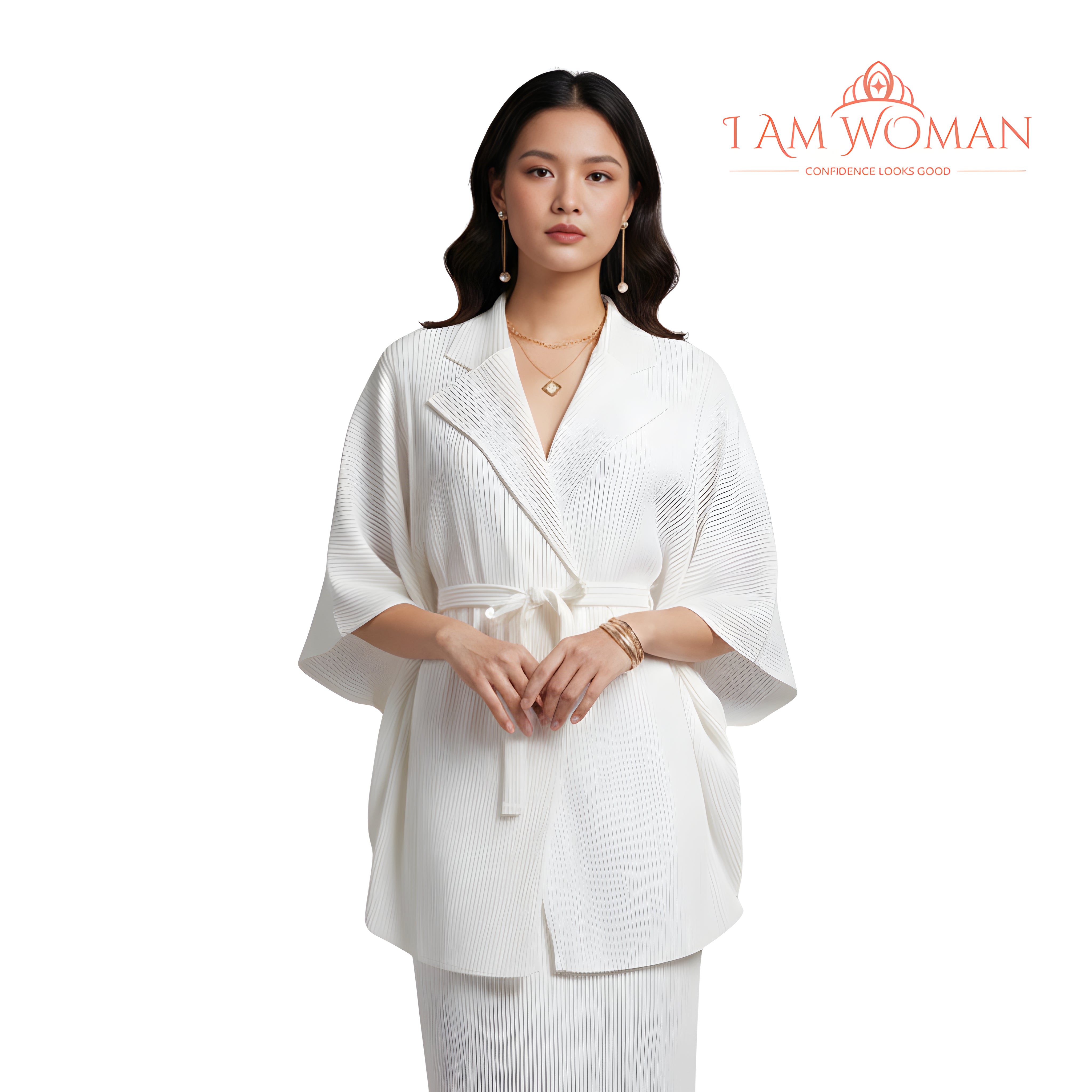 I Am Woman Ivory White Pleated Kimono Sleeve Belted Dress