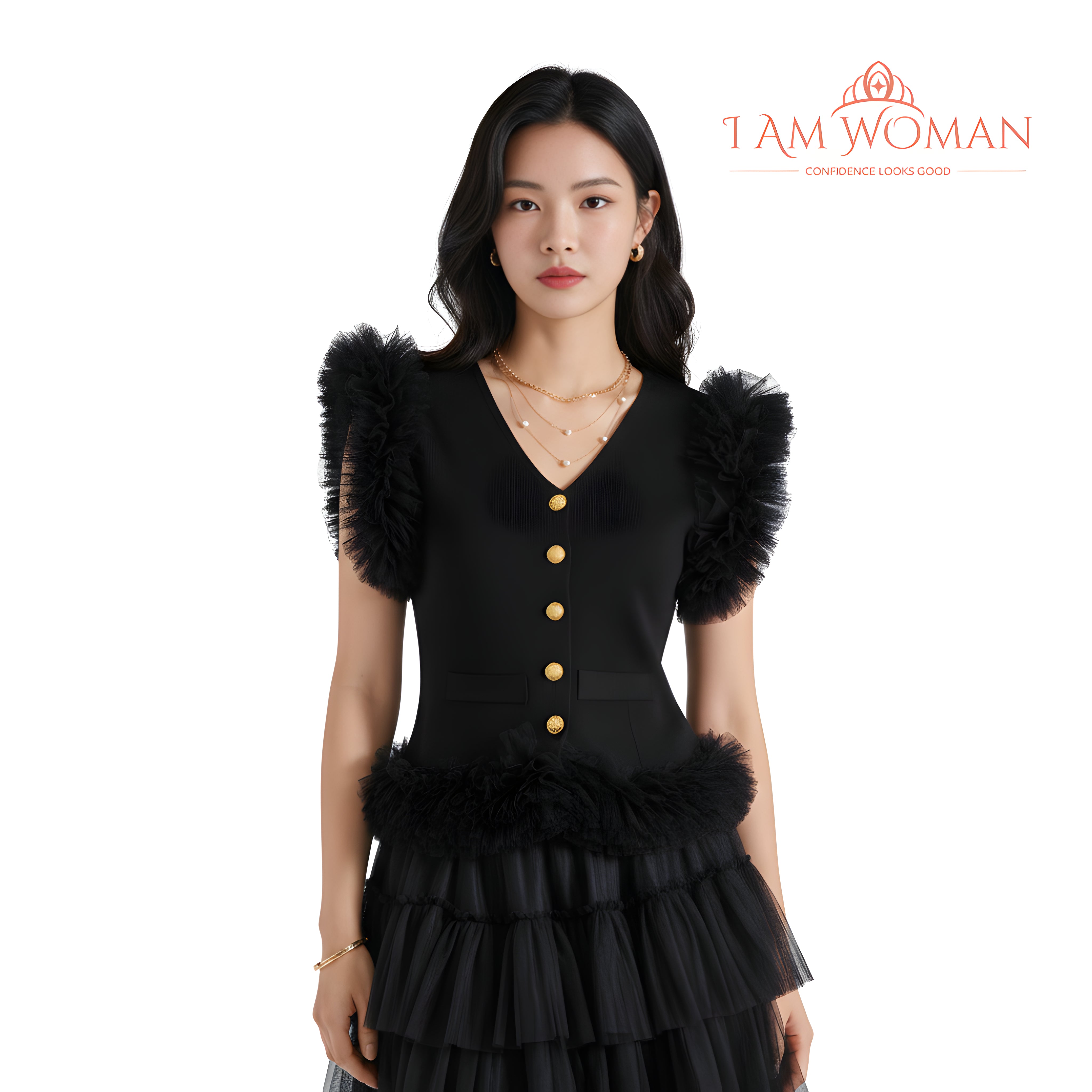 I Am Woman Black, Button-Down, Short-Sleeve Top with Ruffles