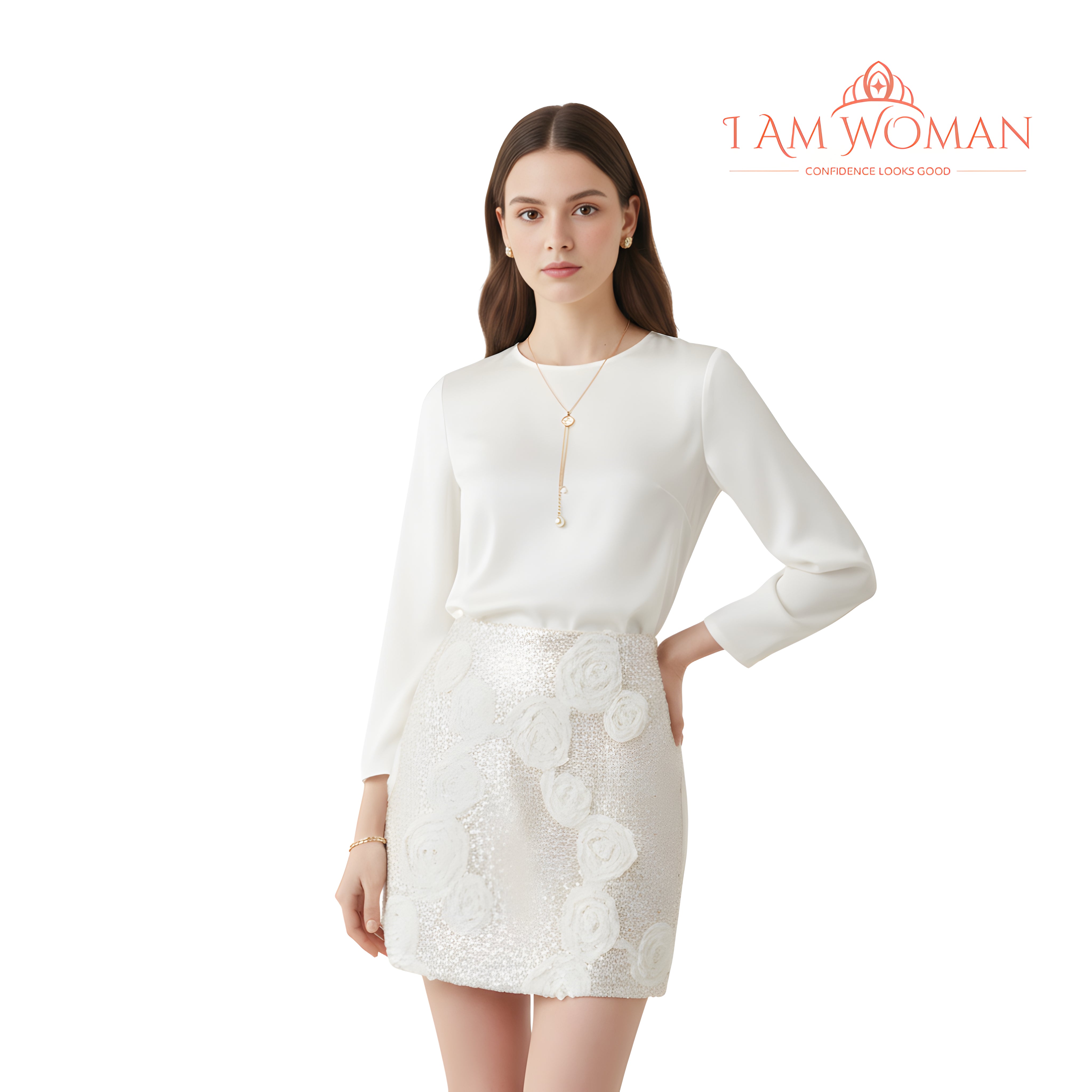 I Am Woman Beige Sequin Skirt with Rosette Applique