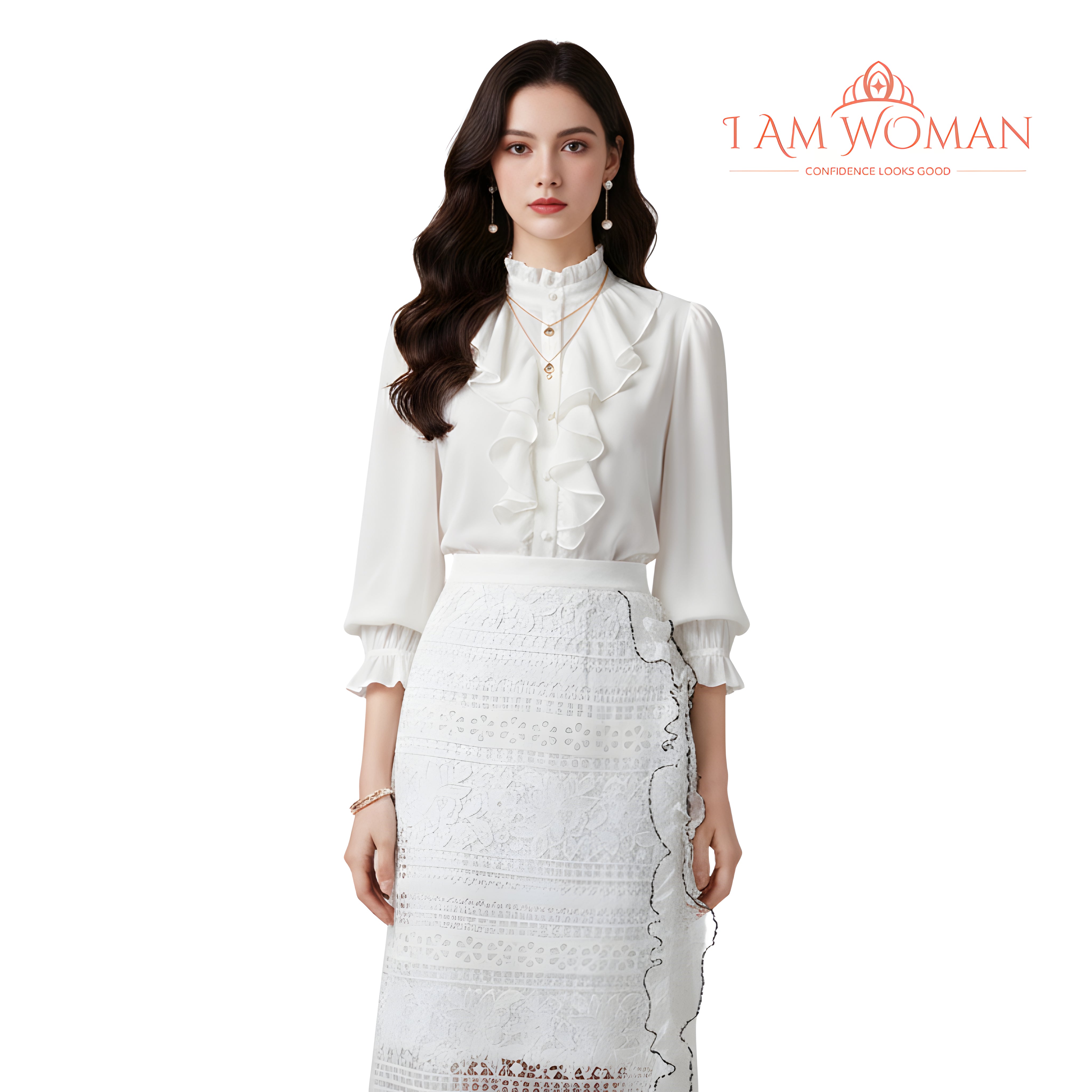 I Am Woman White Floral Lace Midi Skirt