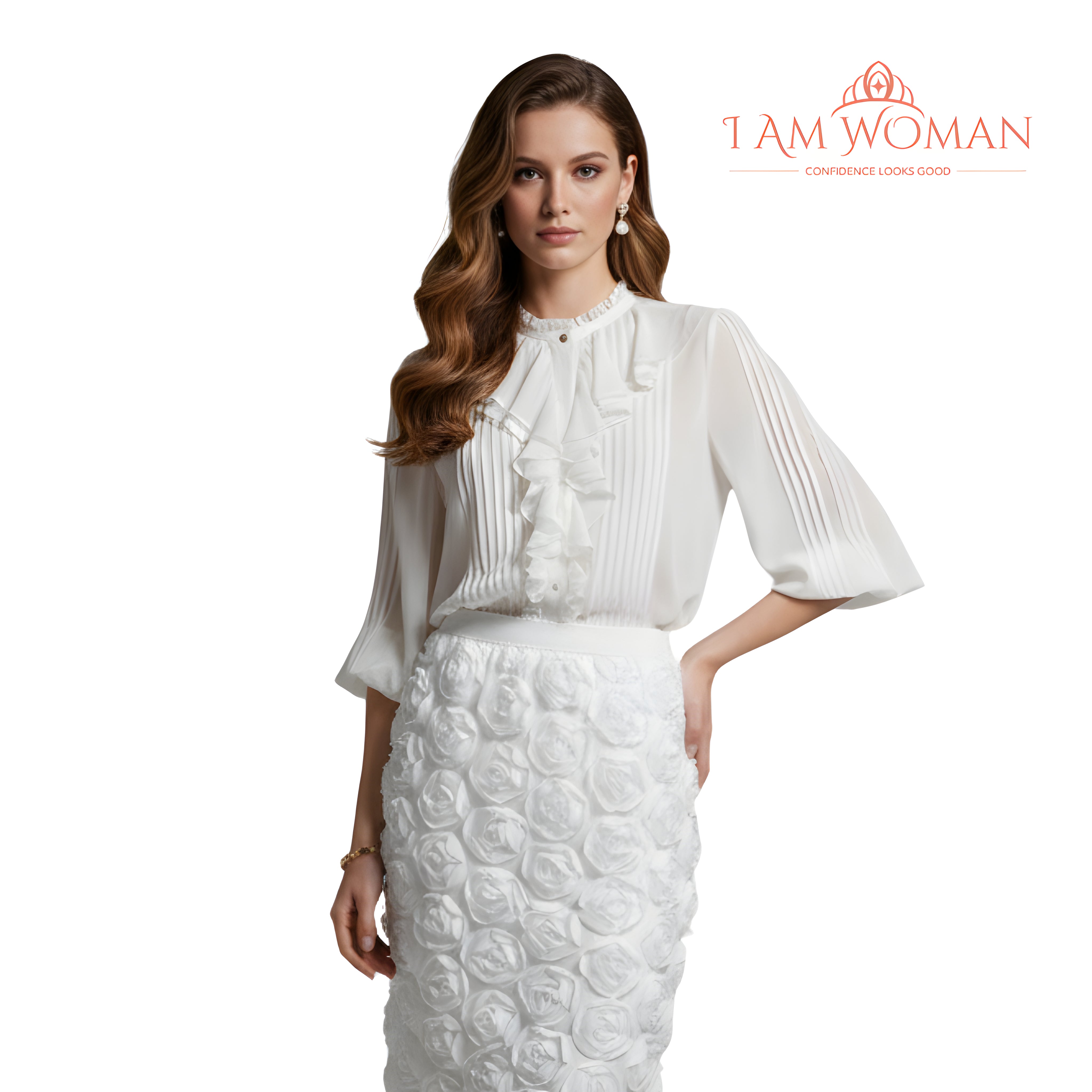 I Am Woman White Midi Skirt Covered in 3D Rose Appliqués