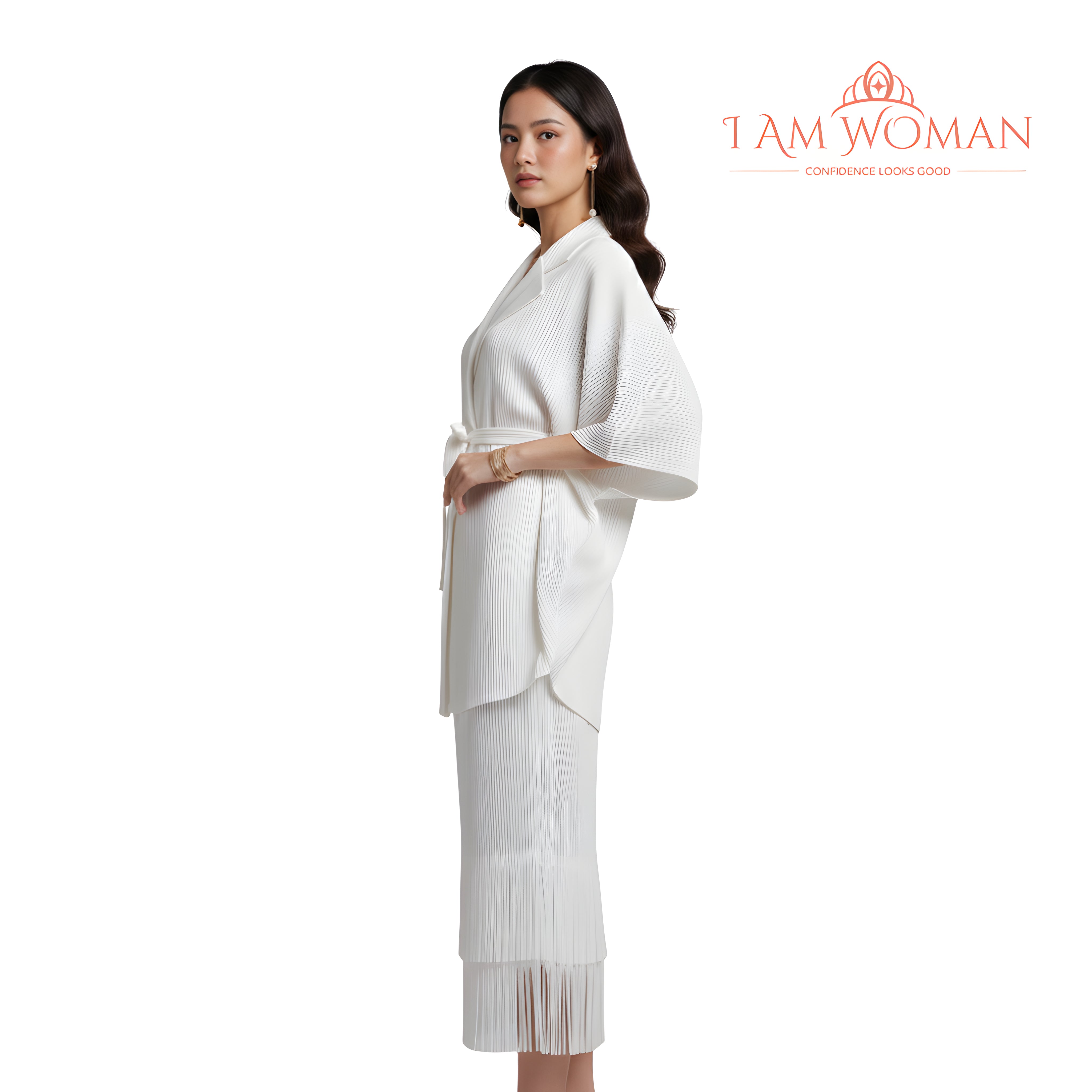 I Am Woman Ivory White Pleated Kimono Sleeve Belted Dress