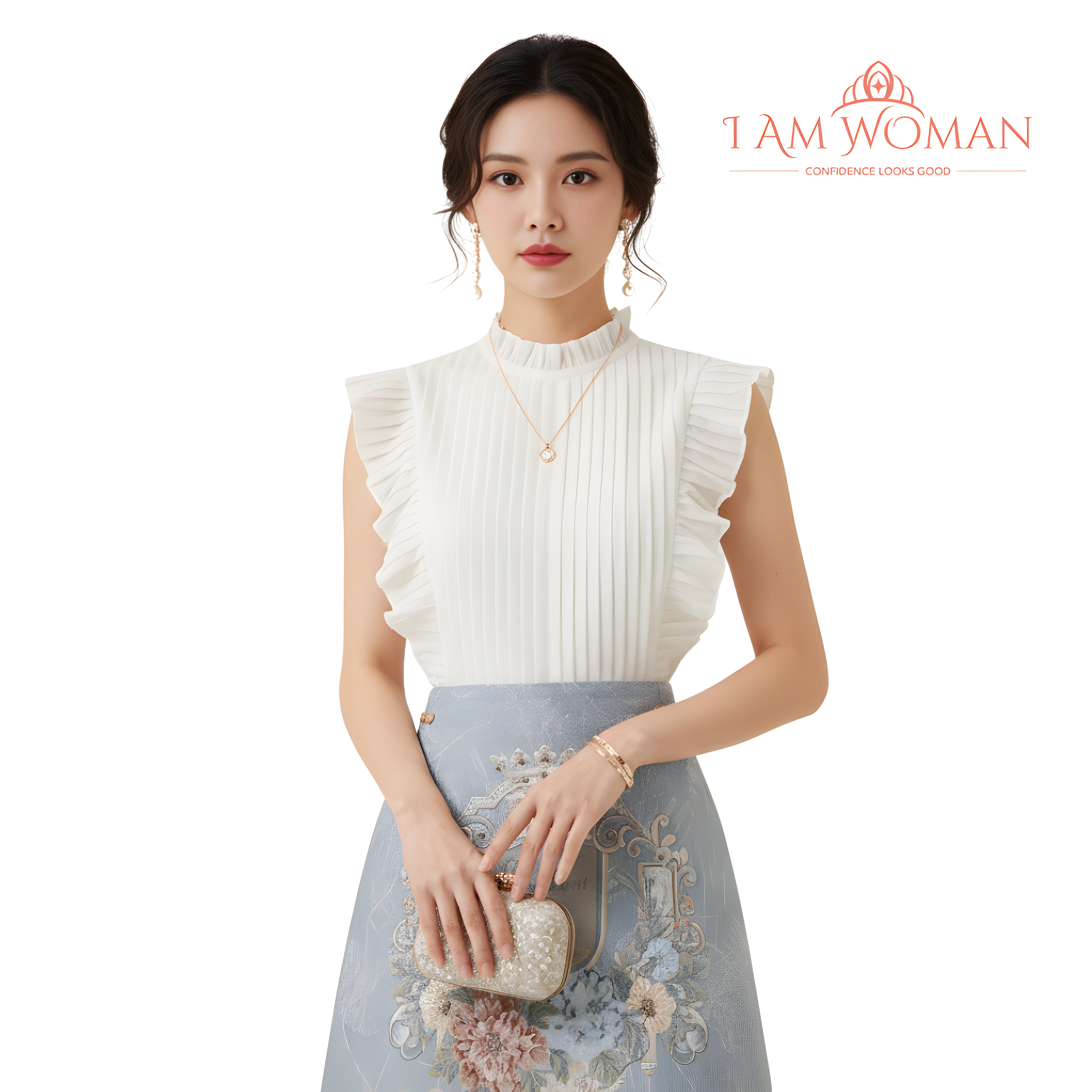 I Am Woman Powder Blue Embroidered 3D Floral Skirt