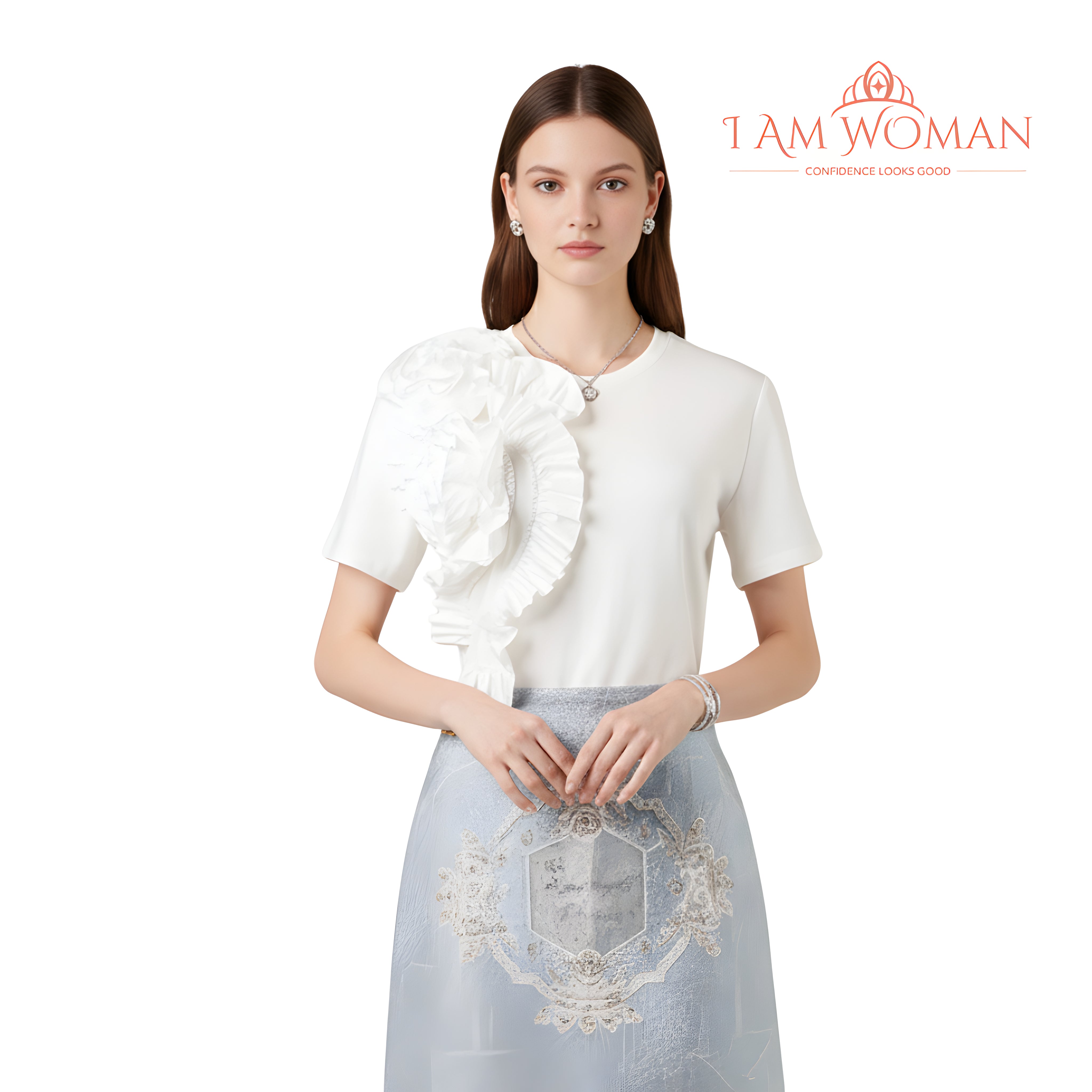 I Am Woman White T-Shirt with a Large White Ruffle Detail on One Shoulder