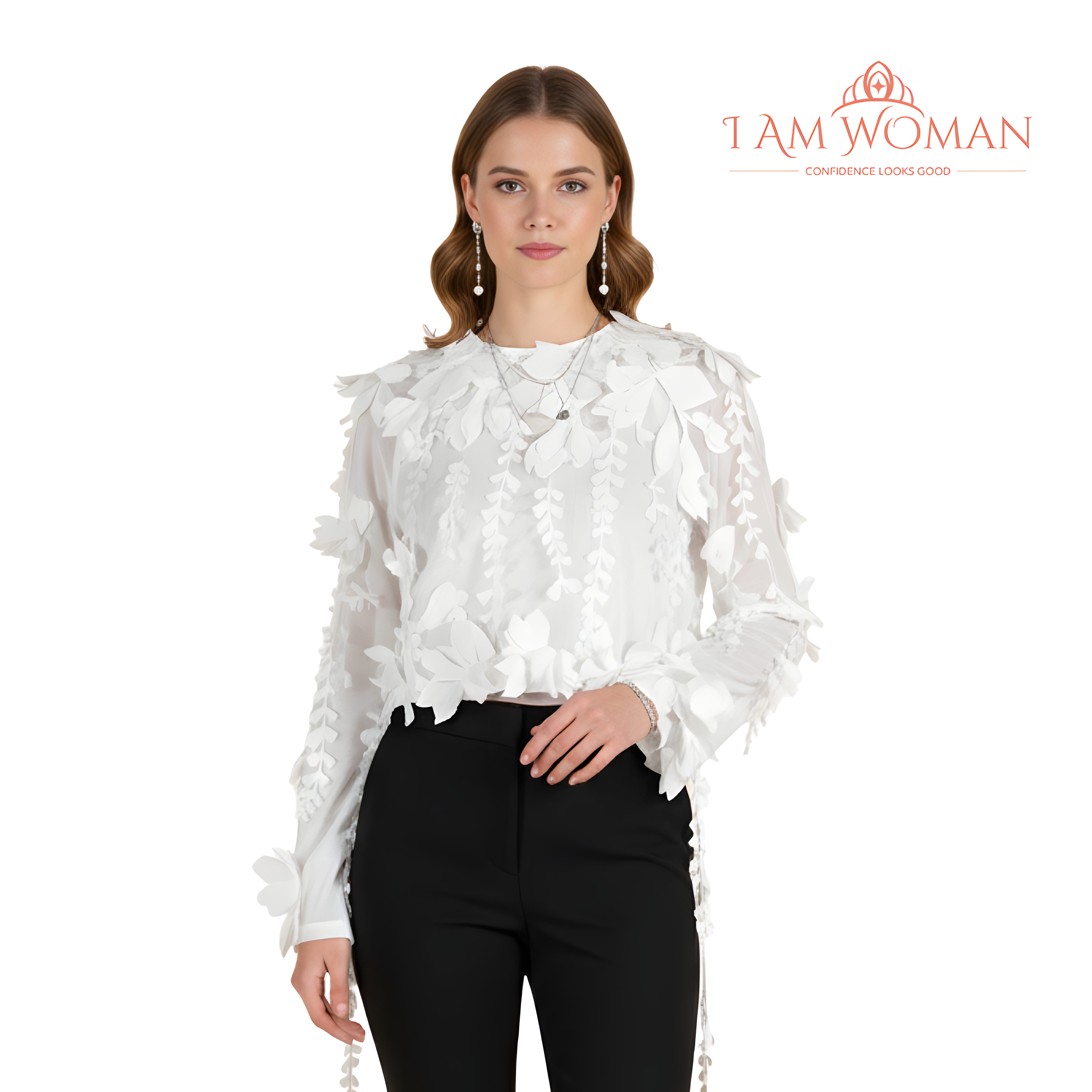 I Am Woman White, Floral Appliqué, Long-Sleeve Top.