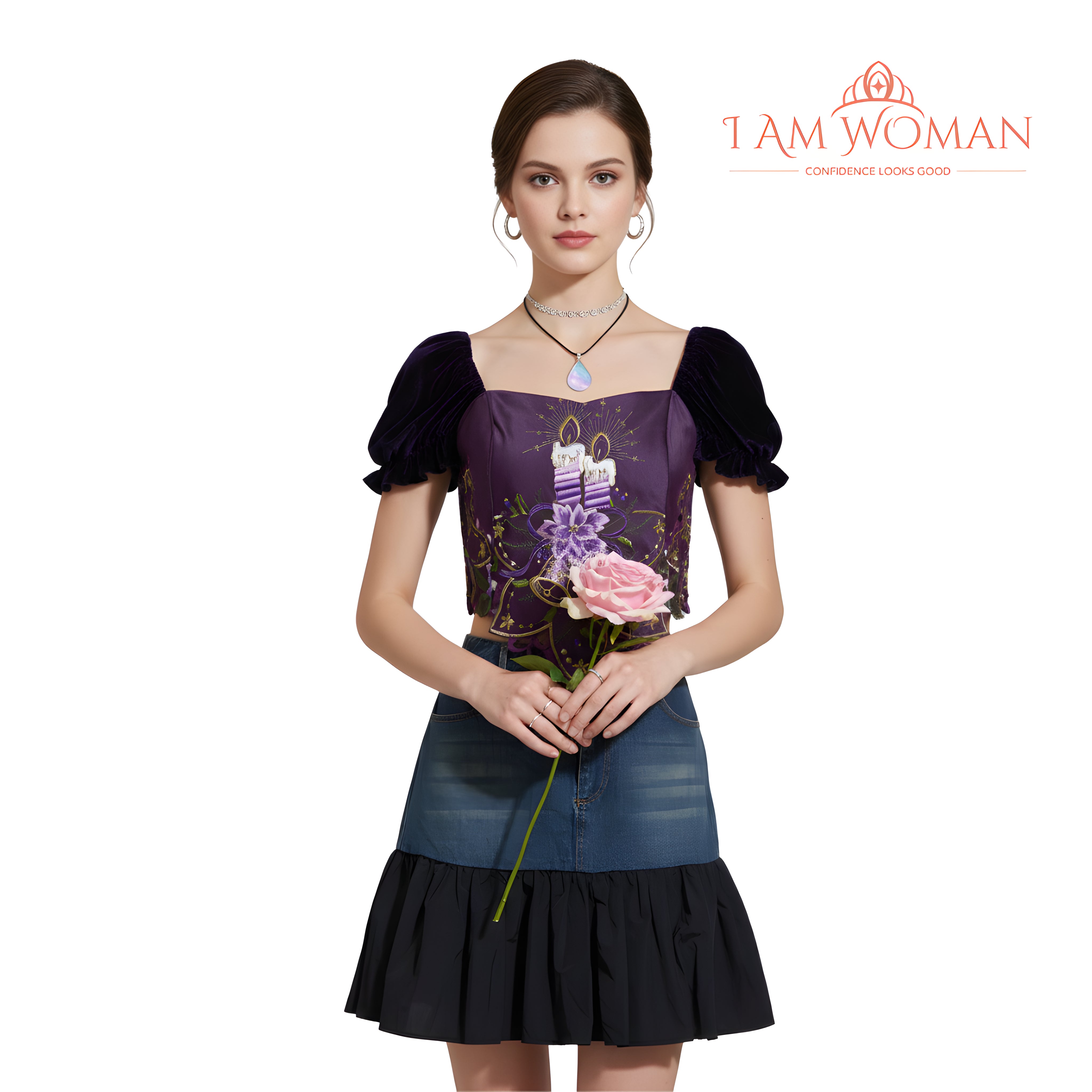I Am Woman Purple Embroidered Velvet Top