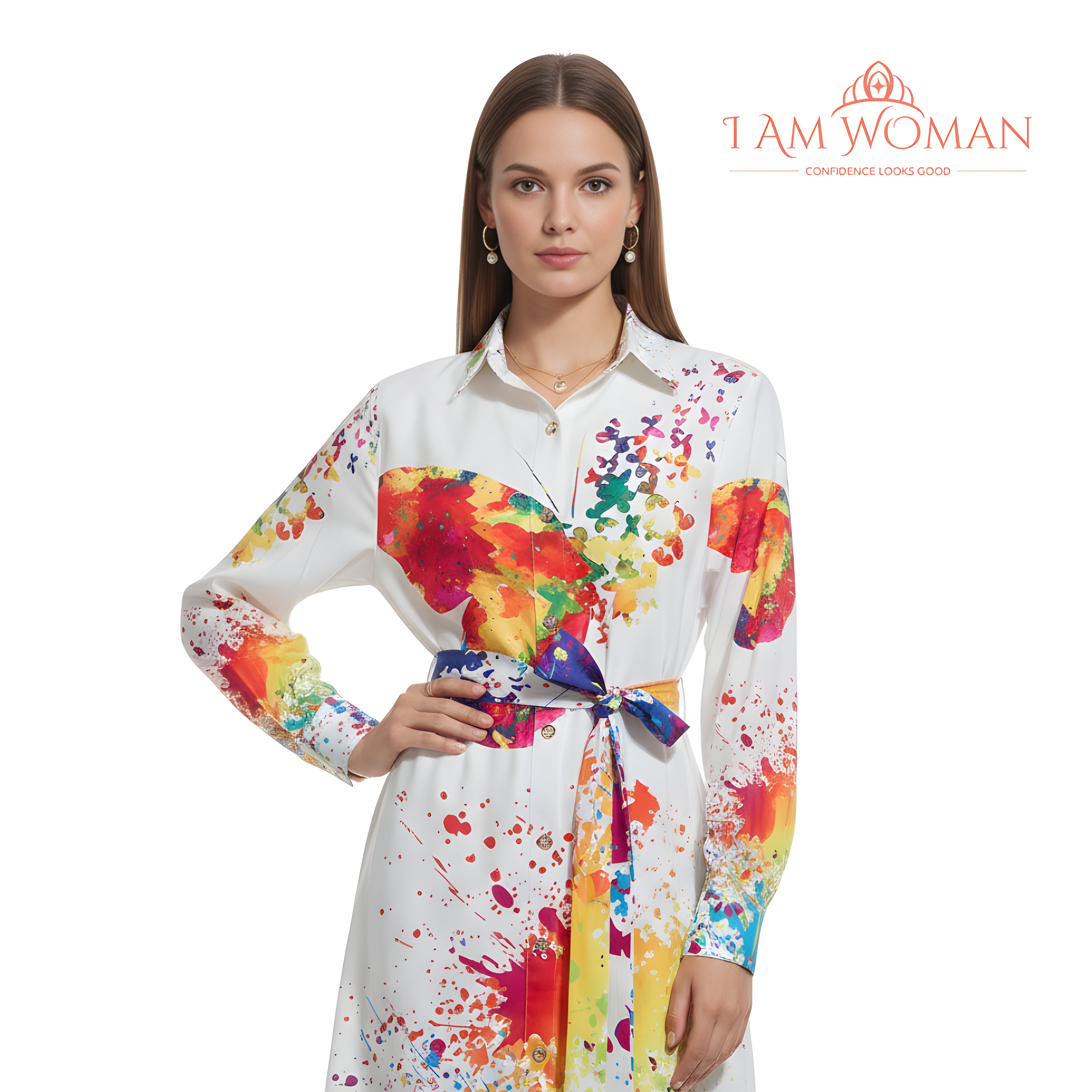 I Am Woman White, Rainbow Splatter Paint, Butterfly Print Shirt