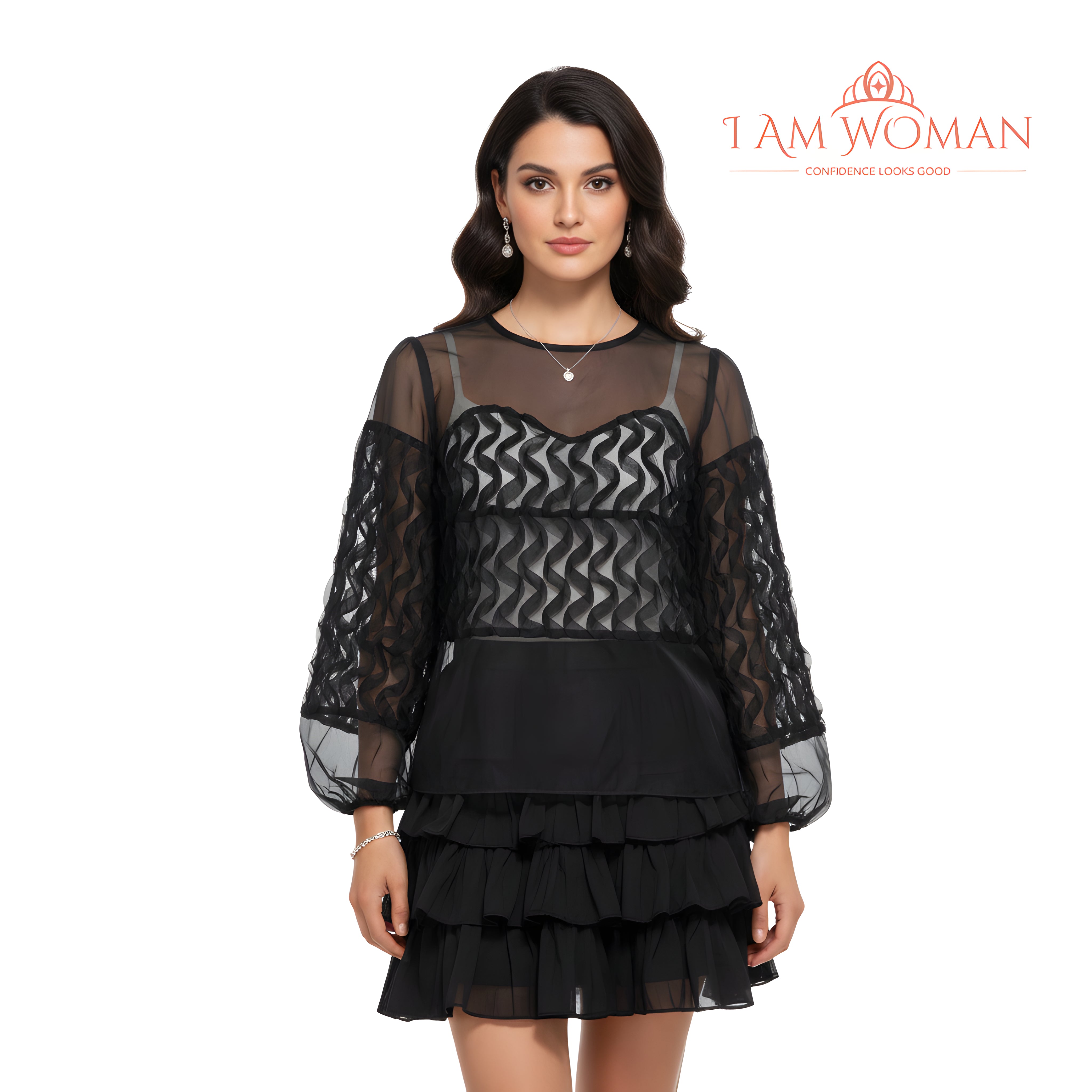 I Am Woman Black Sheer Blouse with 3D Floral Accents