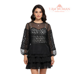 I Am Woman Black Sheer Blouse with 3D Floral Accents