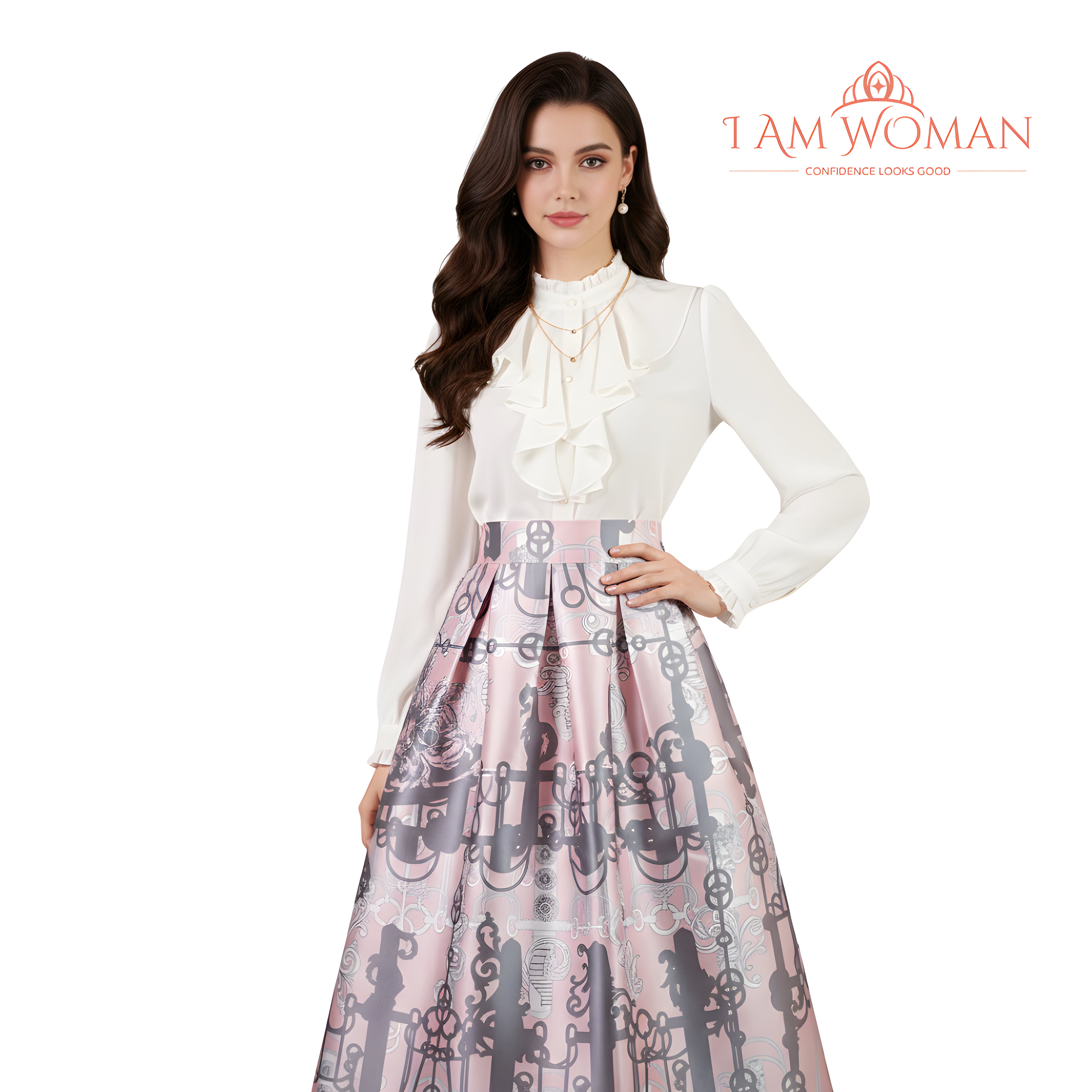 I Am Woman Pink Pleated Skirt with Black Pattern