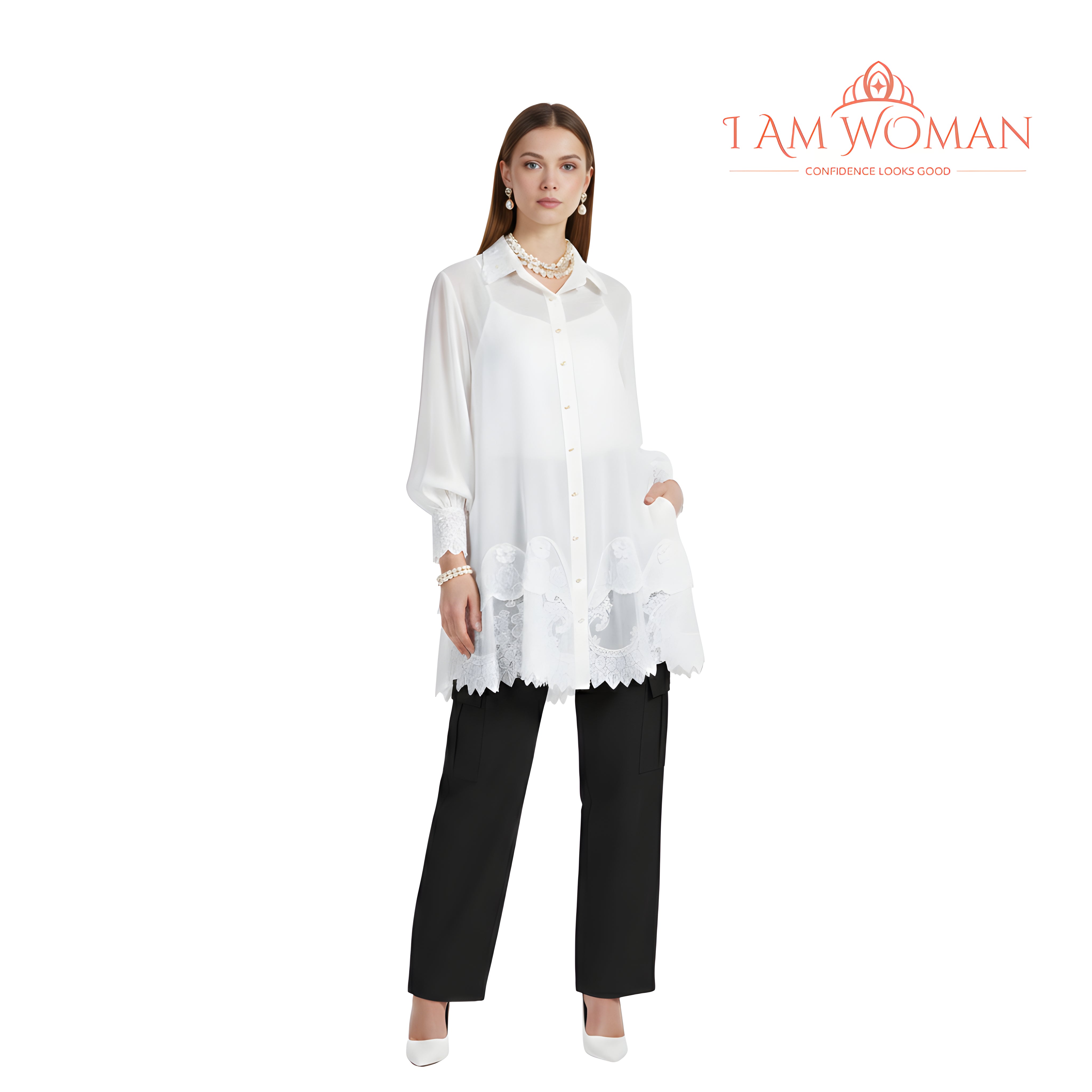 I Am Woman White Embroidered Barong Type Dress