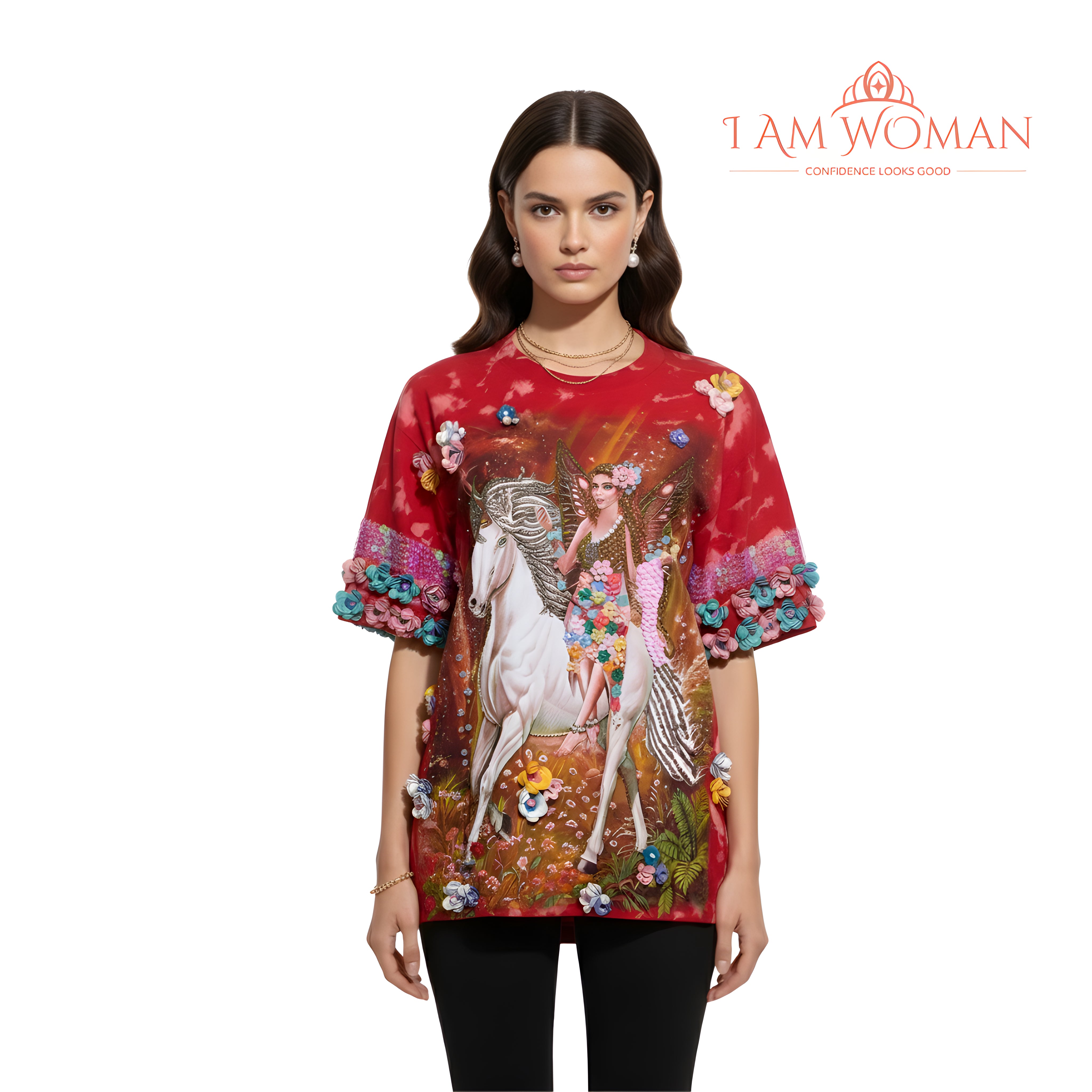 I Am Woman Red Baroque Print T Shirt