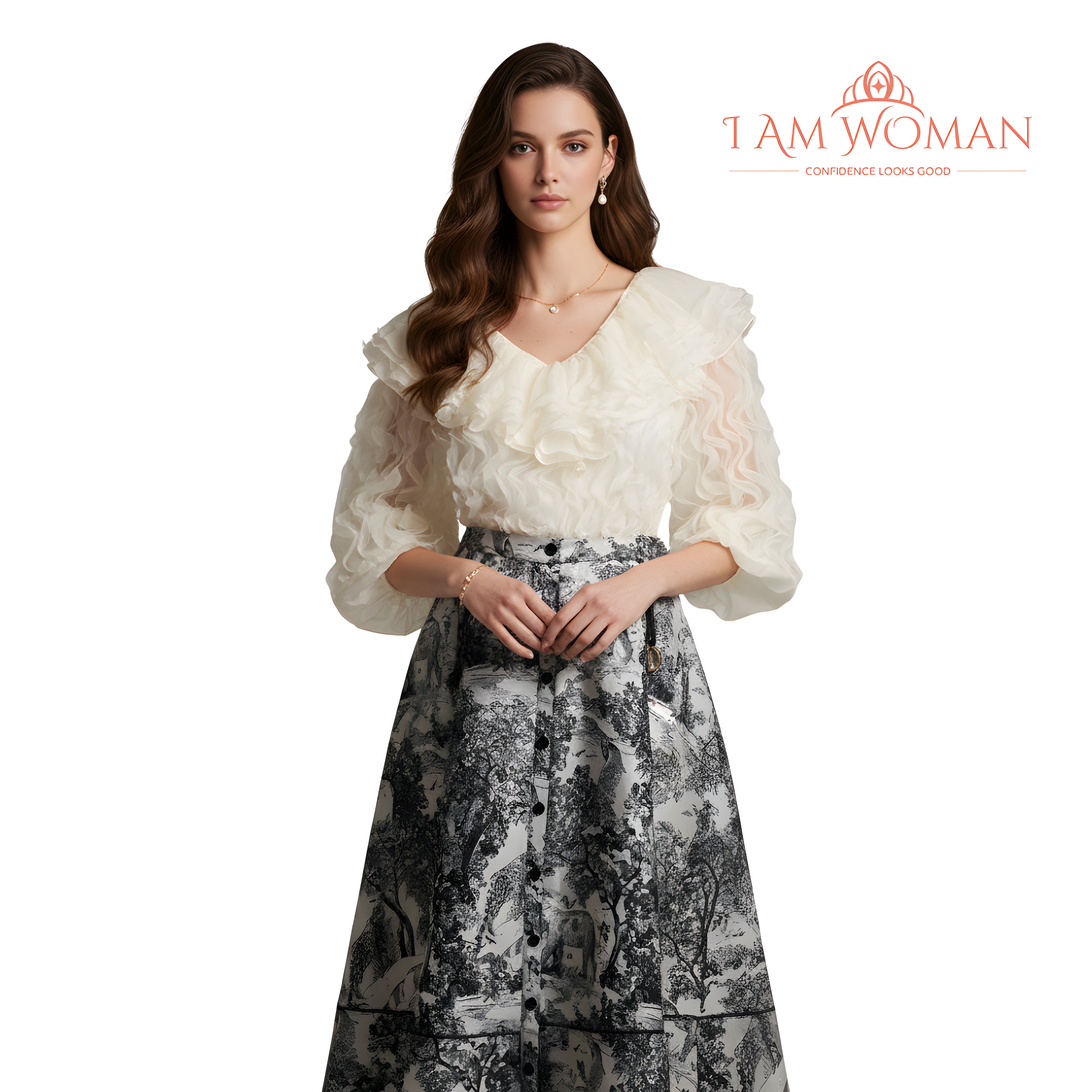 I Am Woman Off-White Button-Down Skirt with a Black and White Animal Print