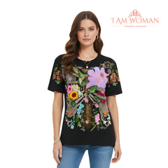 I Am Woman Black, Embroidered Floral and Hummingbird Shirt