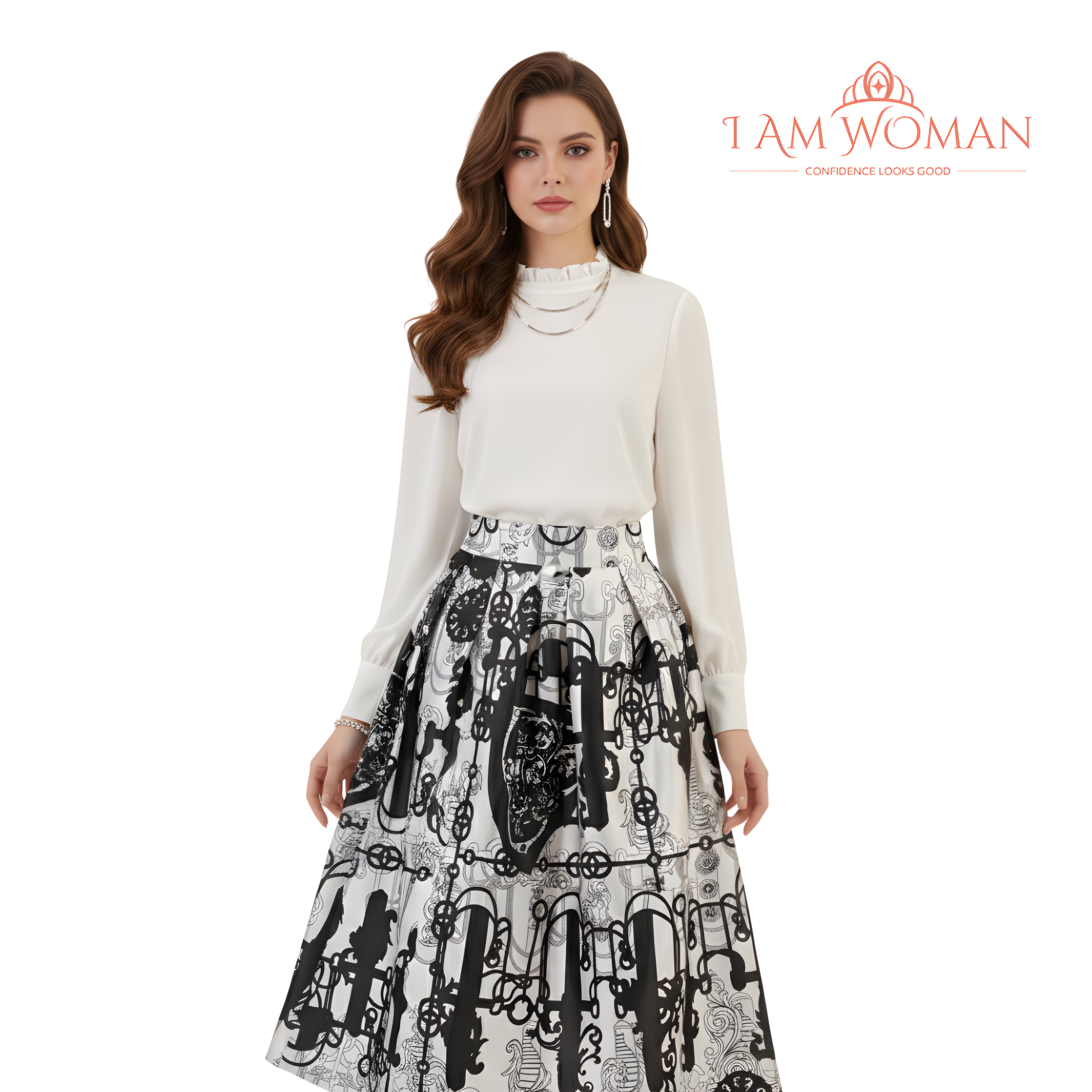 I Am Woman White and Black Patterned Pleated Skirt