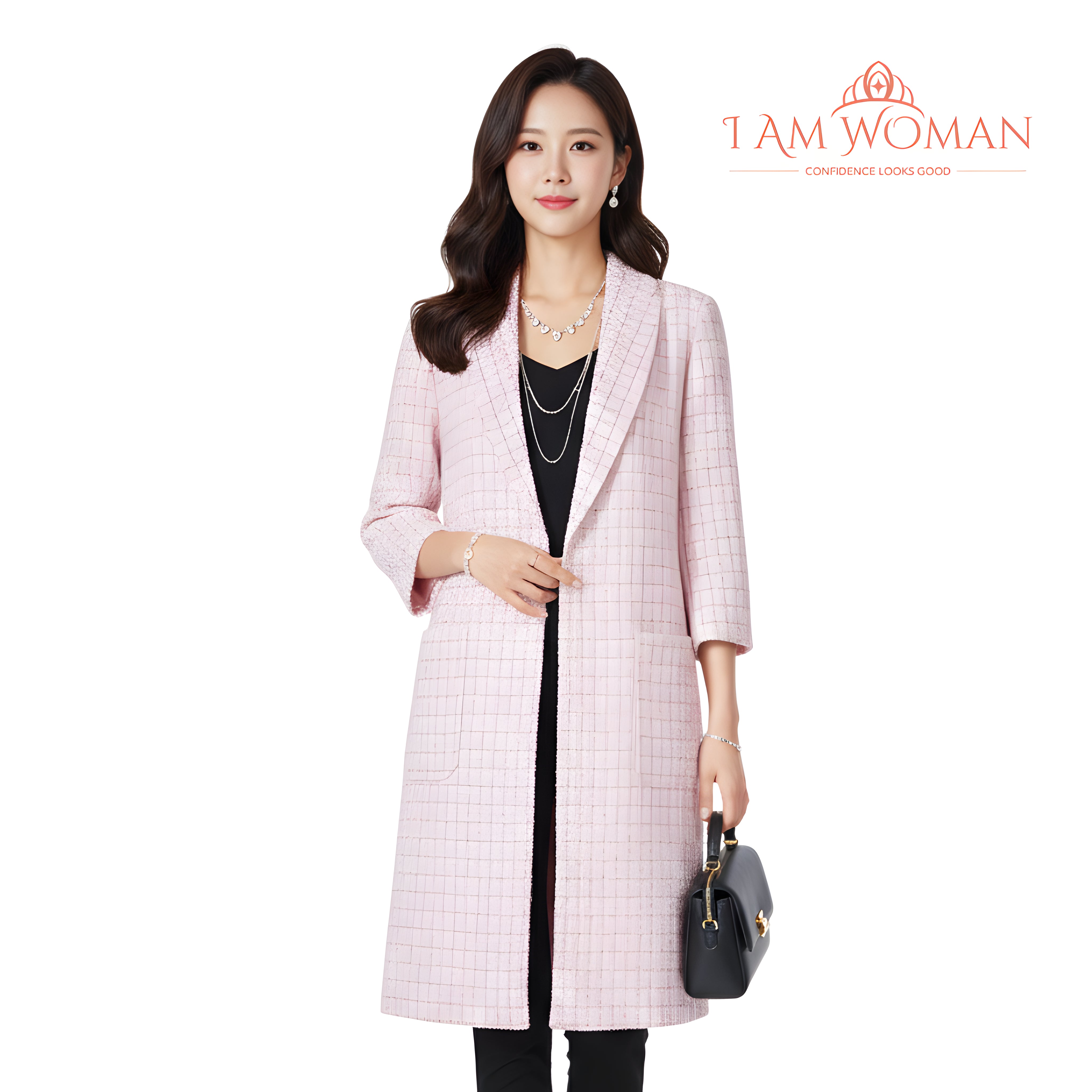 I Am Woman Pink Tweed Long Coat with Pockets