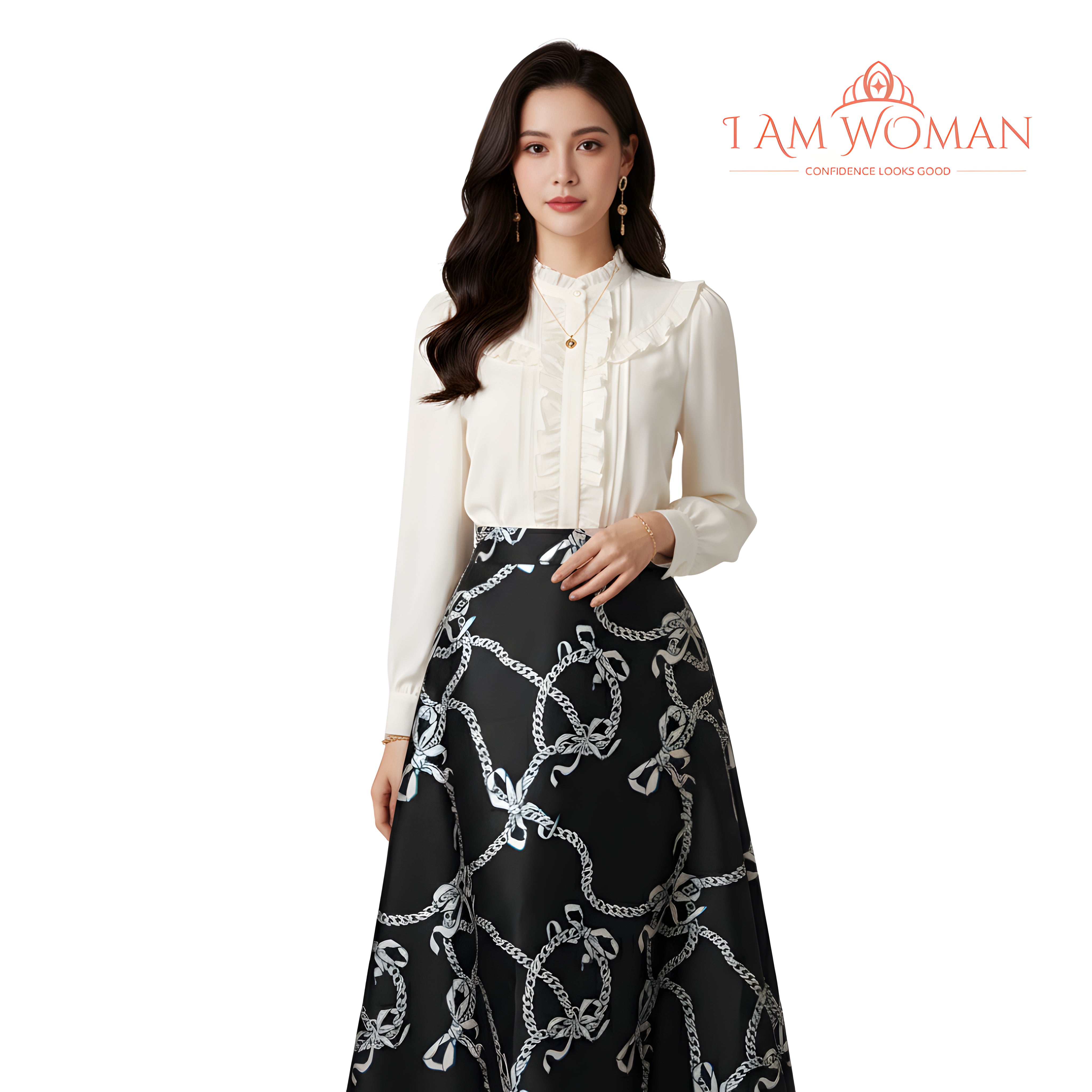 I Am Woman Black Midi Skirt with White Bows and Chain Print