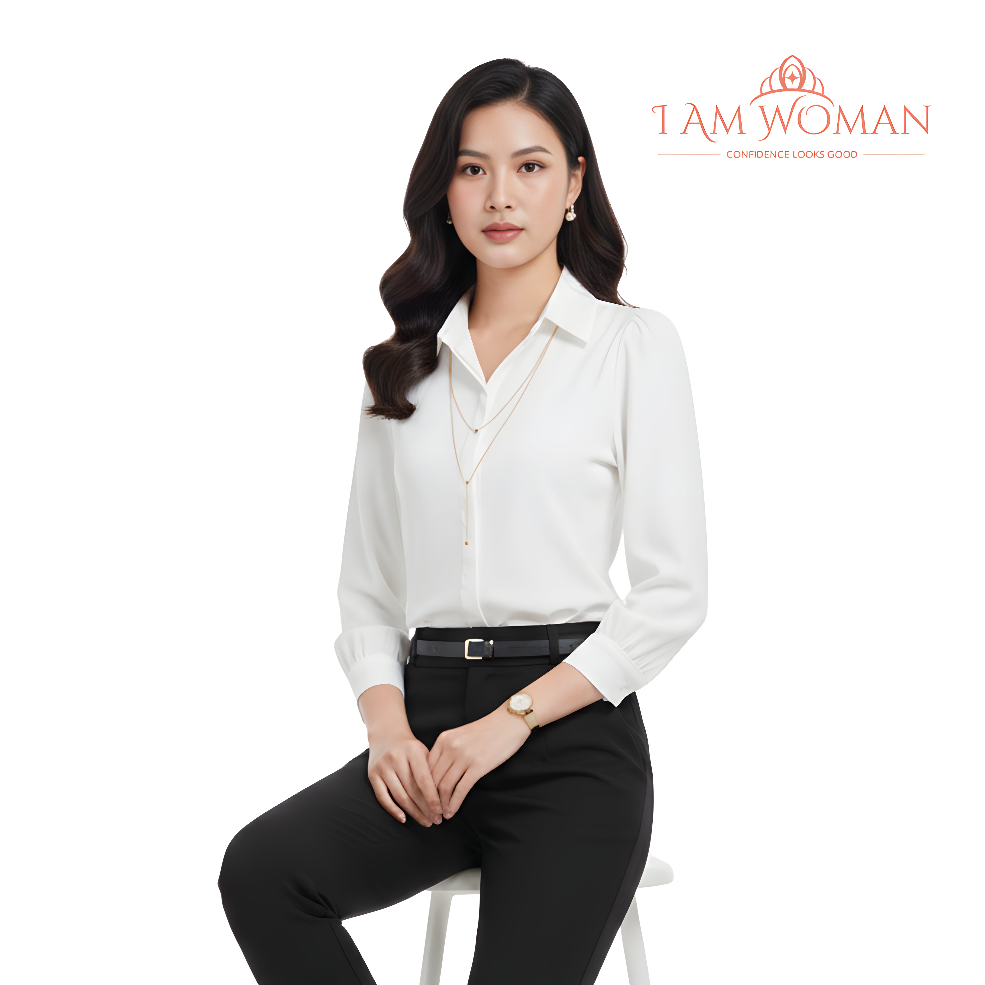 I Am Woman White Button Down Blouse with Chain