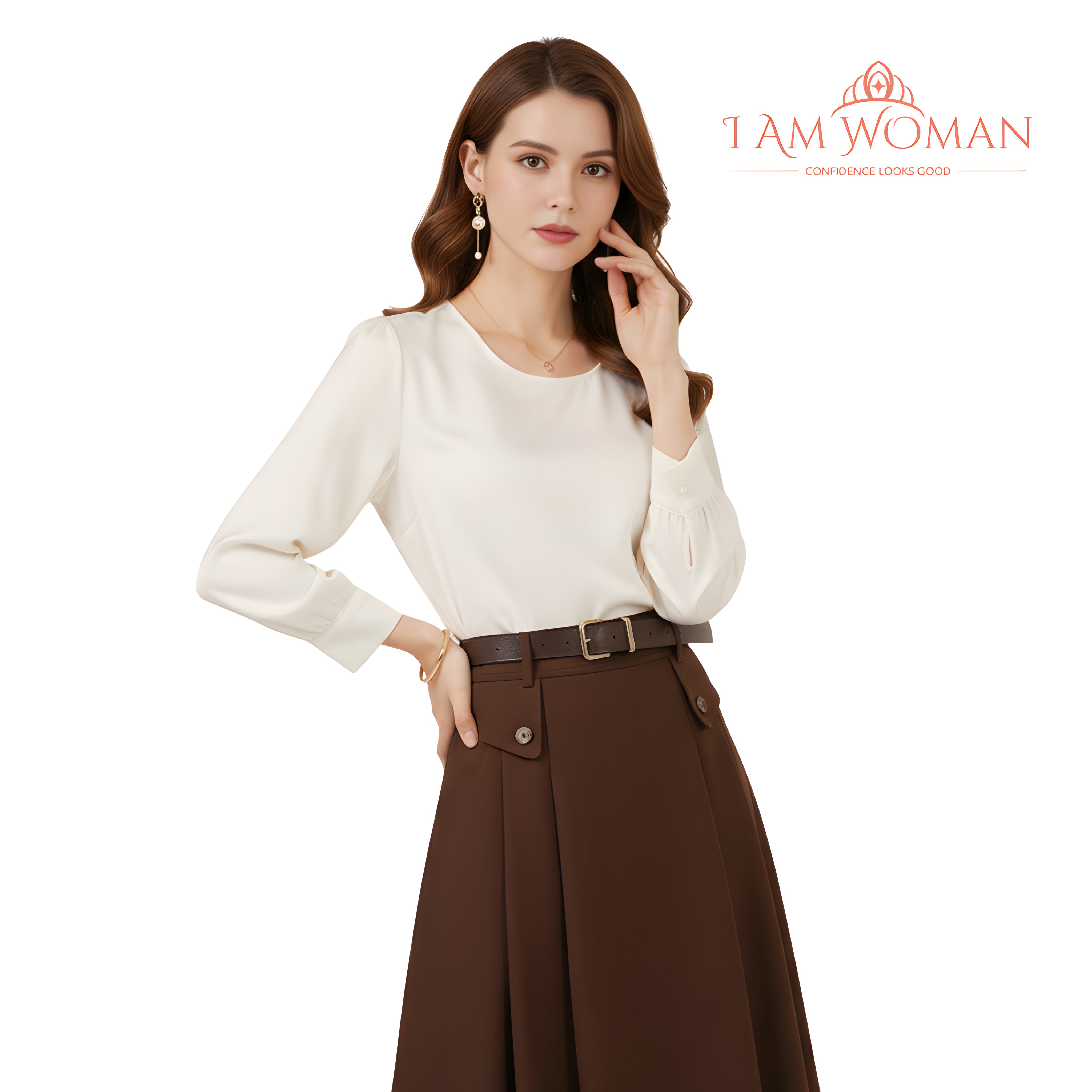I Am Woman Chocolate Brown Belted Pleated Midi Skirt