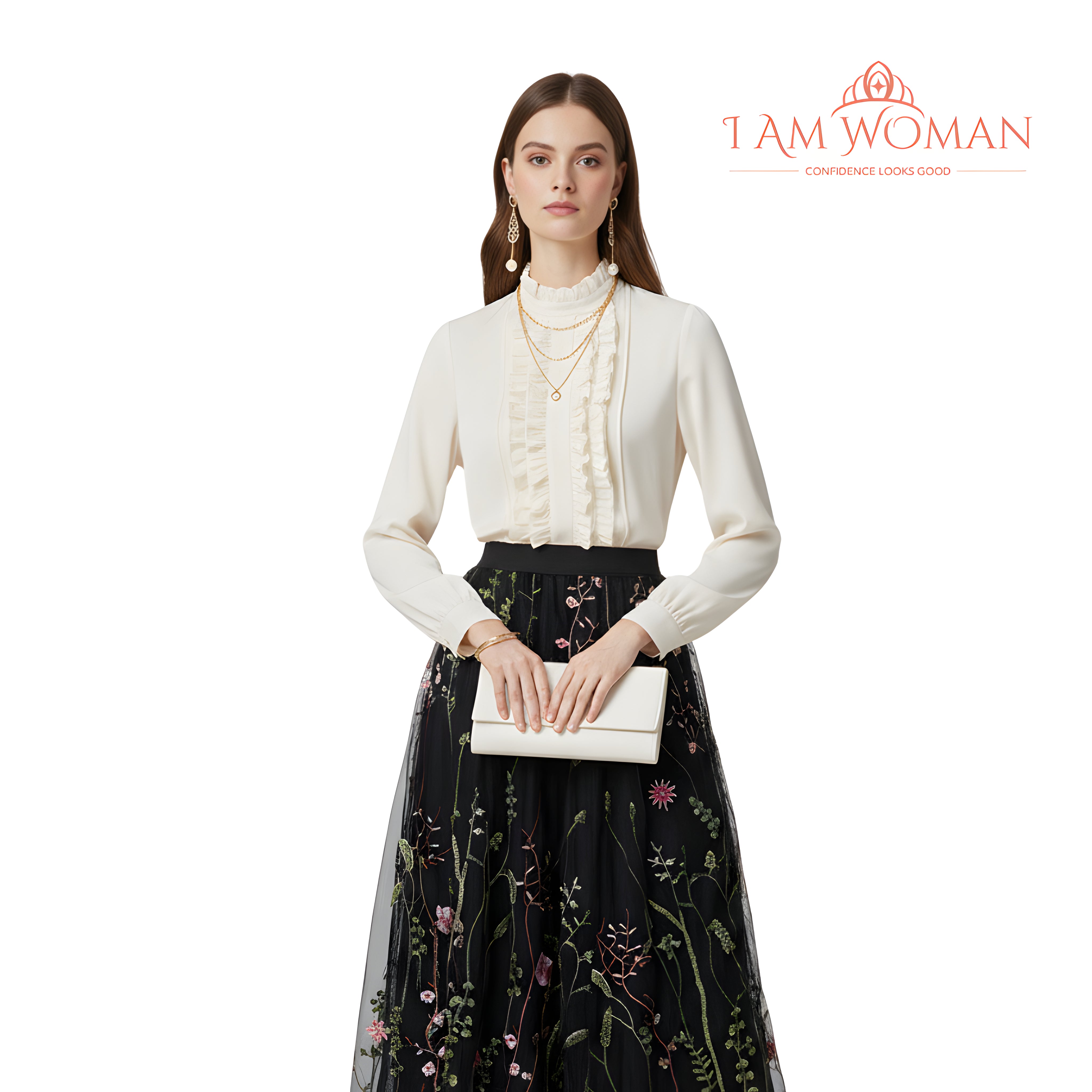 I Am Woman Black Floral Embroidered Tulle Skirt