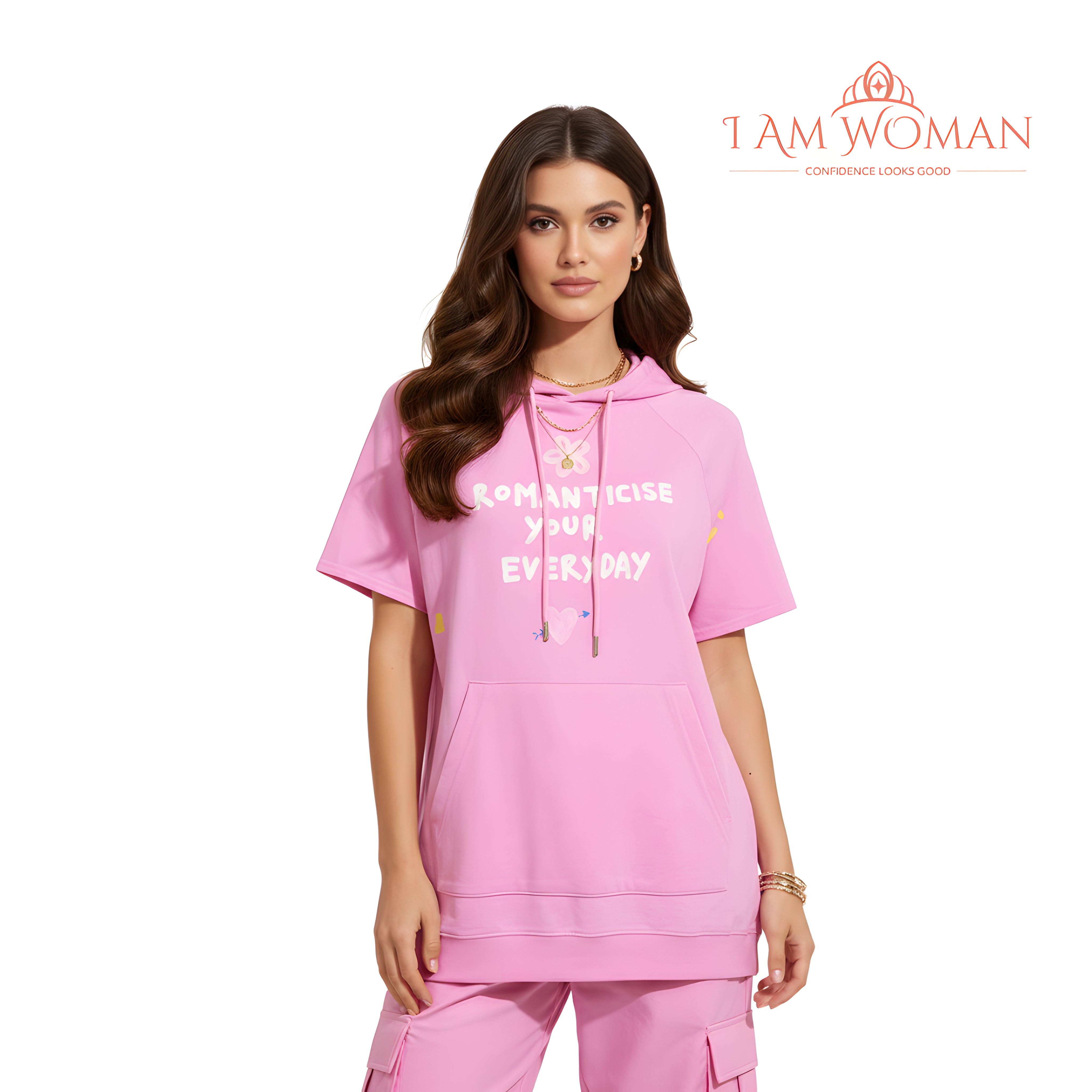 I Am Woman Pink "Romanticise Your Everyday" Short-Sleeve Hoodie
