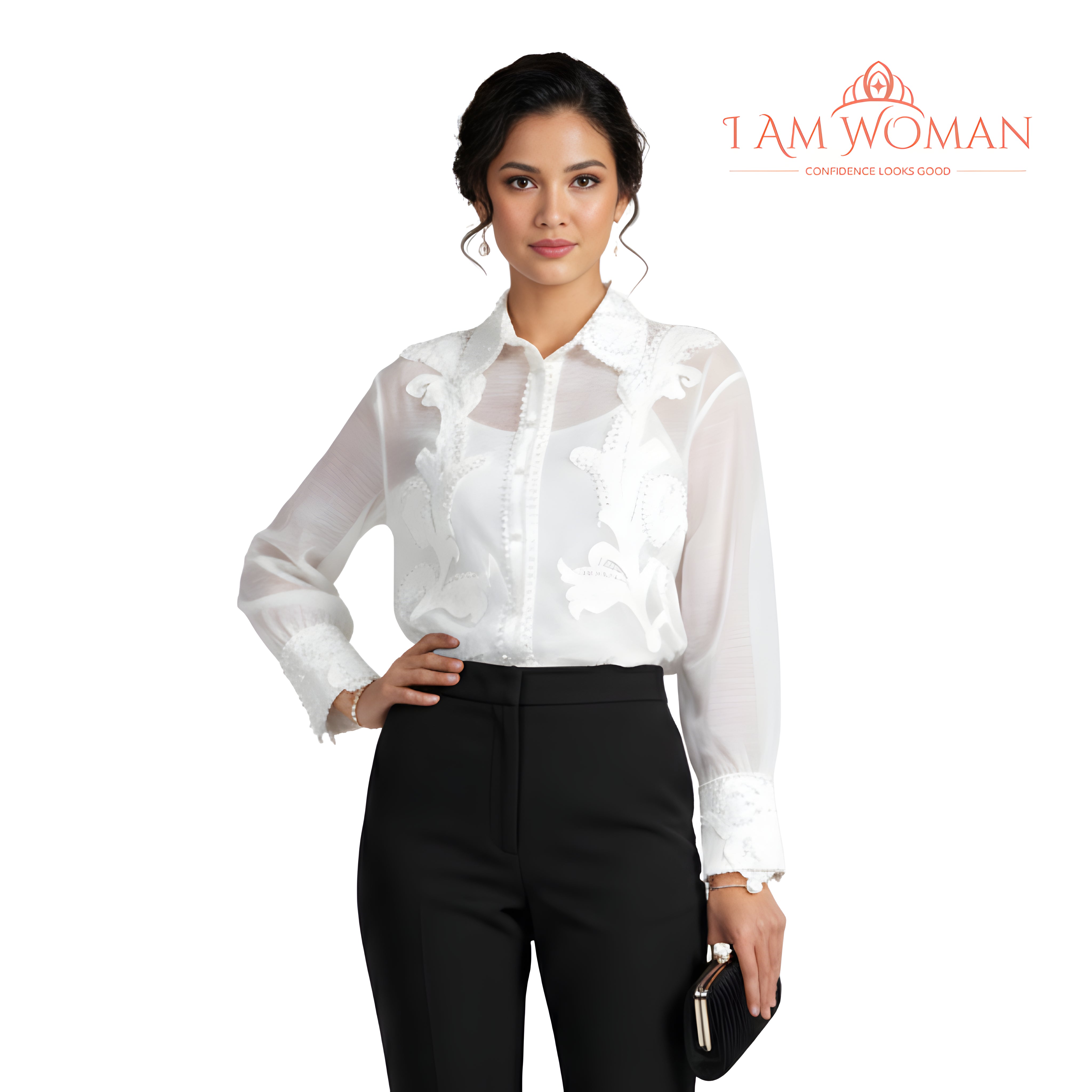 I Am Woman White, Pearl-Embellished, Sheer Blouse