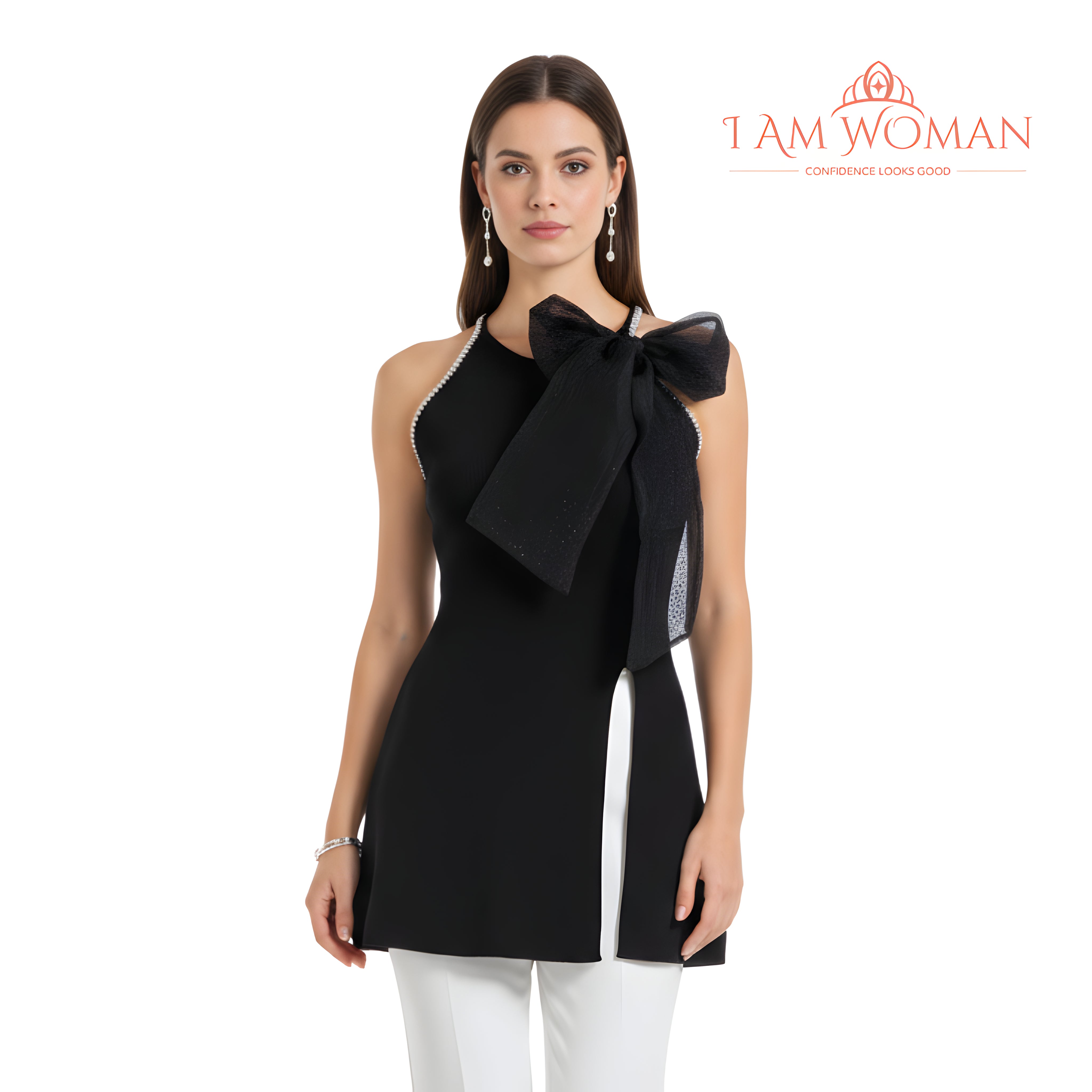 I Am Woman Black Embellished Halter Mini-Dress