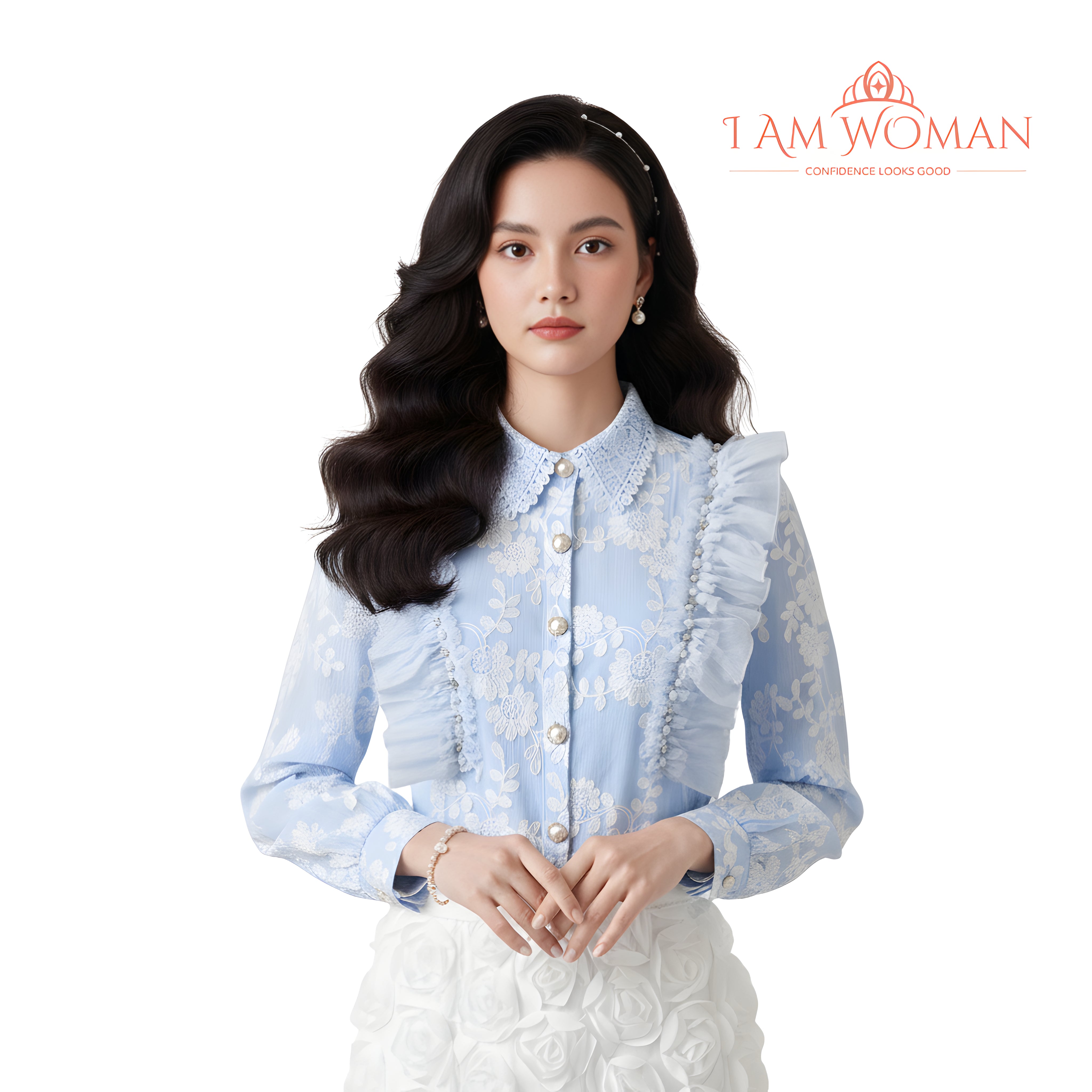 I Am Woman Baby Blue Lace Ruffled Long Sleeve Blouse