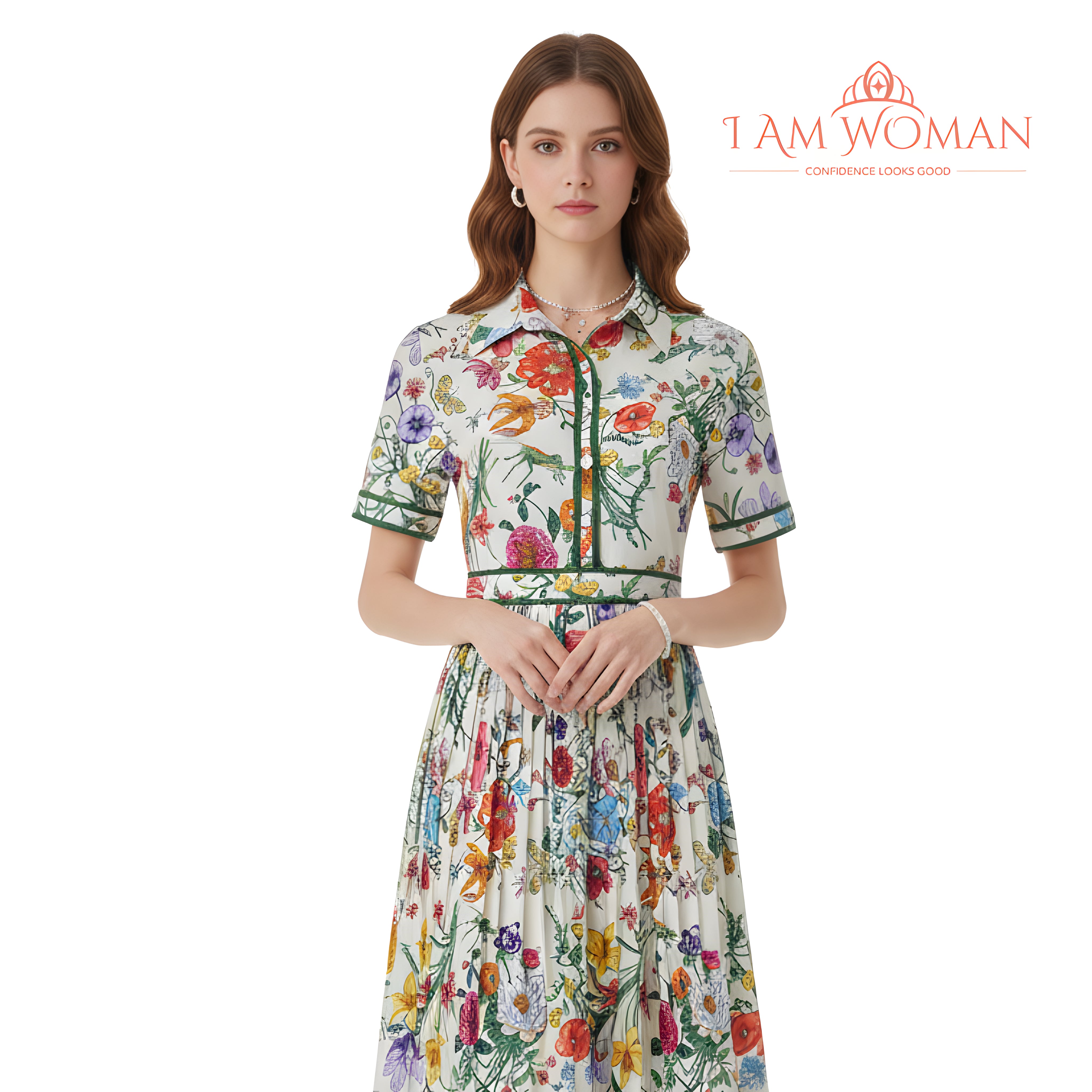I Am Woman White Floral Print, Pleated Midi Dress