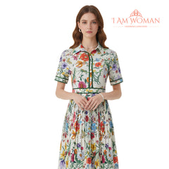 I Am Woman White Floral Print, Pleated Midi Dress